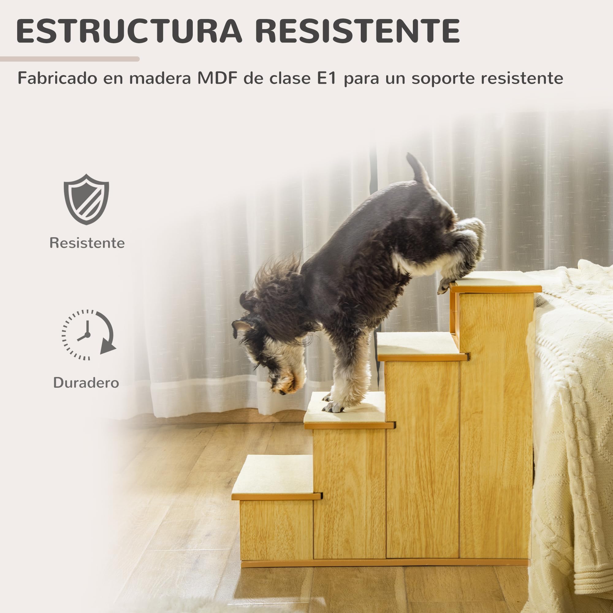 PawHut Escalera para Perros de 4 Peldaños Escalera para Mascotas Escalones para Perros Gatos con Acolchados Desmontables Carga 30 kg para Cama Sofá 40x59x54,2 cm Natural y Crema