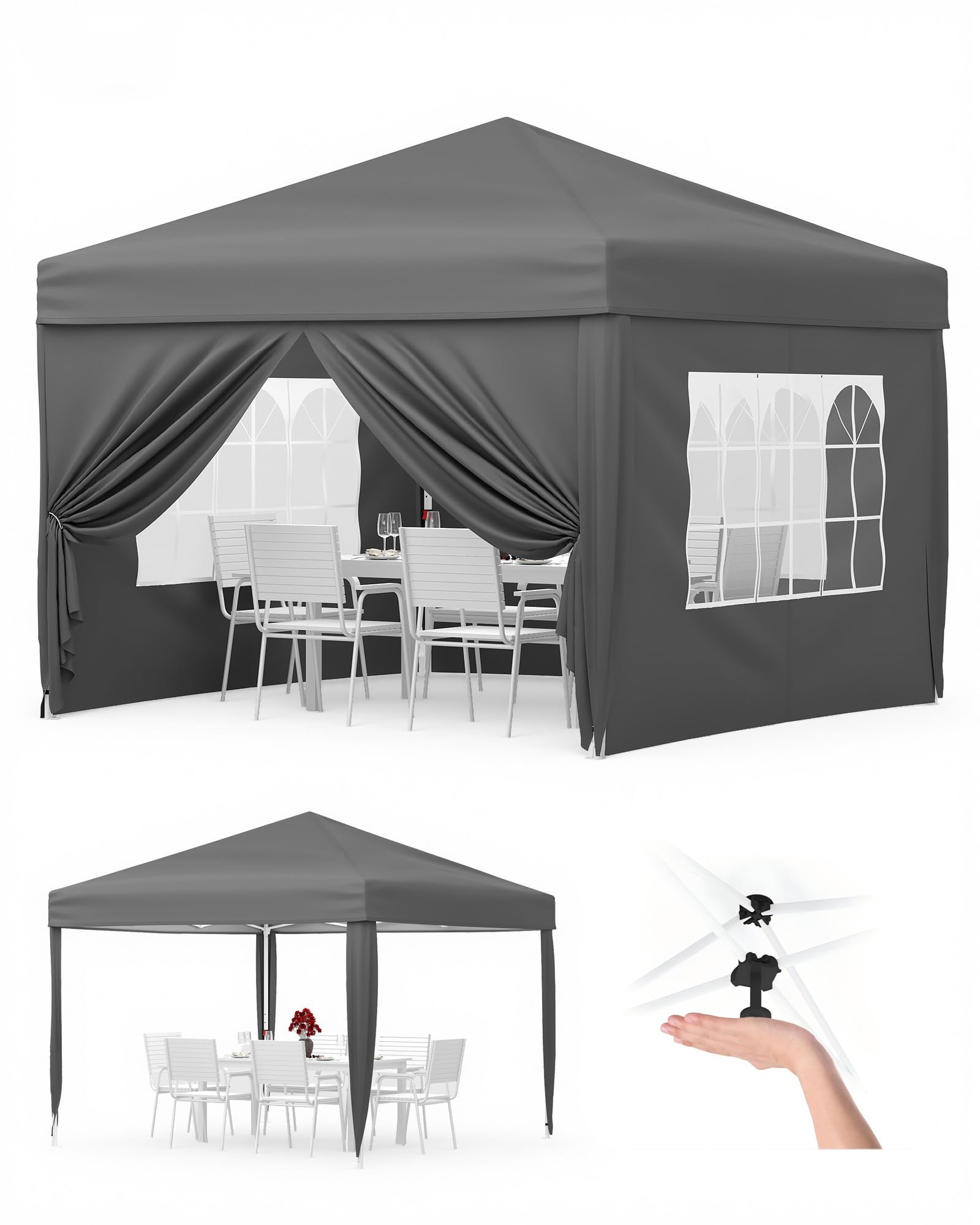 Acekool 3m x 3m Pop Up Gazebo with Sides, Central Lock System, Waterproof Outdoor Canopy Tent, UPF 50+ UV Protection, Heavy Duty Steel Frame, Wheeled Carry Bag, 4 Sandbags, Grey