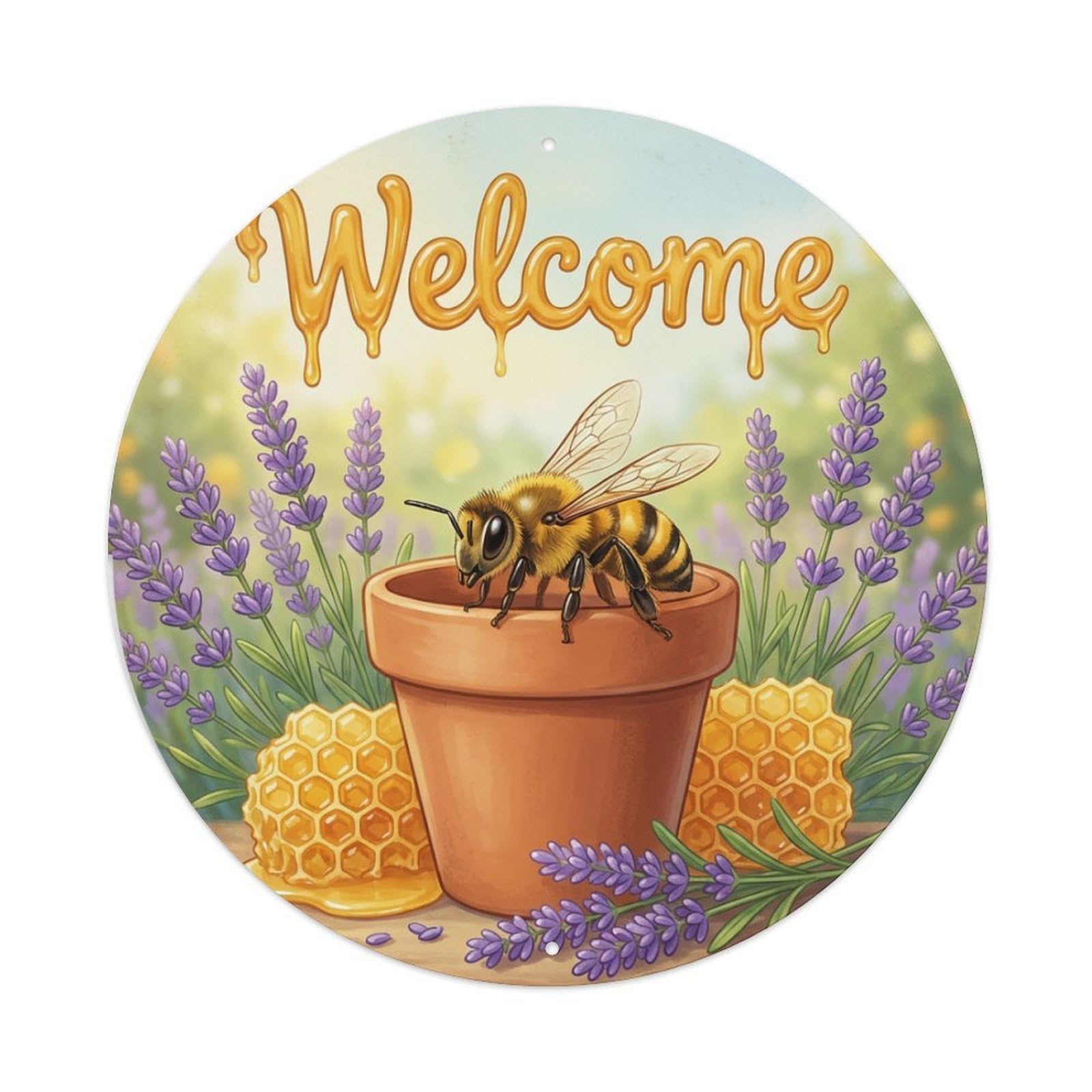 Metal Tin Sign Welcome Bee Lavender Hive