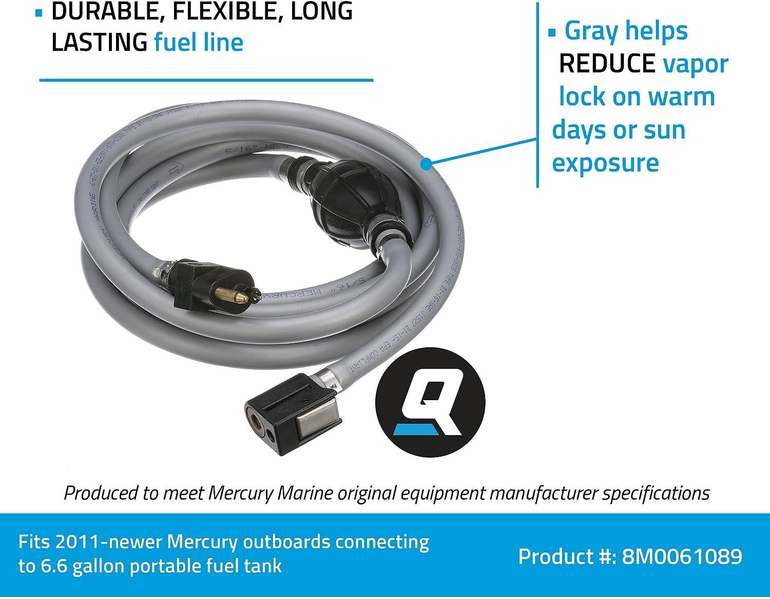 Quicksilver 8M0061089 Fuel Line Assembly - 9 Feet Long with Primer Bulb - Connections