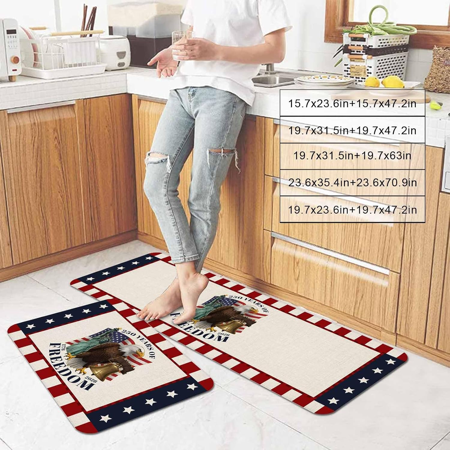 250 Years of Freedom Kitchen Mats Set of 2 Independence Day Bald Eagle Star Stripe Non Slip Mat Washable Floor Rug for Kitchen Sink Floor Laundry, 19.7"x31.5"+19.7"x47.2"