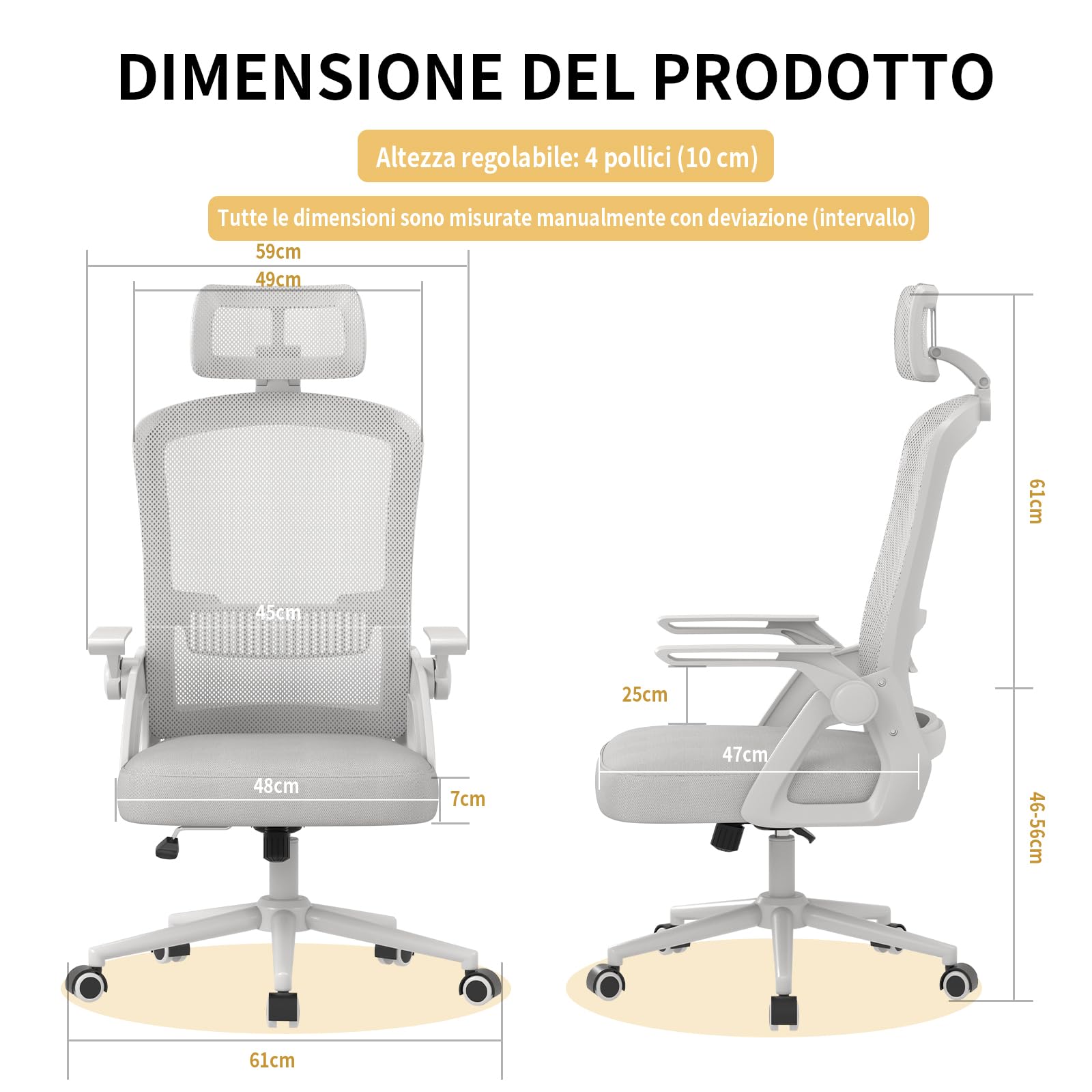 naspaluro Sedia da Ufficio Scrivania Ergonomica, Con Braccioli Pieghevoli, Altezza Regolabile, Seduta e Schienale in Rete Respirante, Girevole con Ruote, Funzione Oscillante Grigio