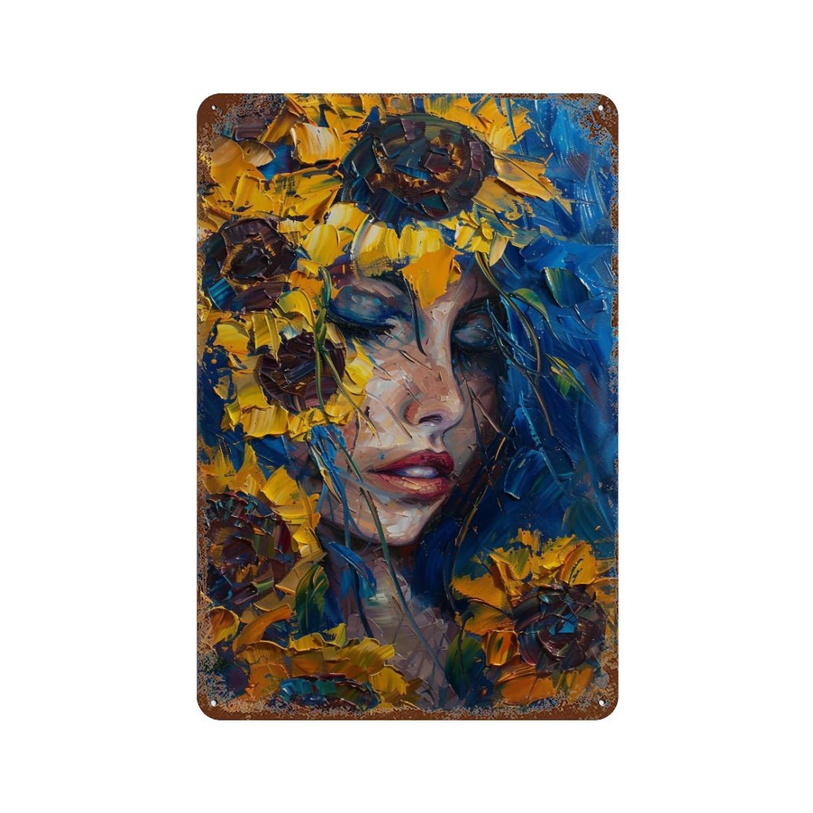 YHGERTKU Blue Hair Woman with Sunflowers Impasto 03 Wall Art Retro Iron Vintage Metal Tin Sign Poster Modern Decor for Living Rooms Gift 30x20cm