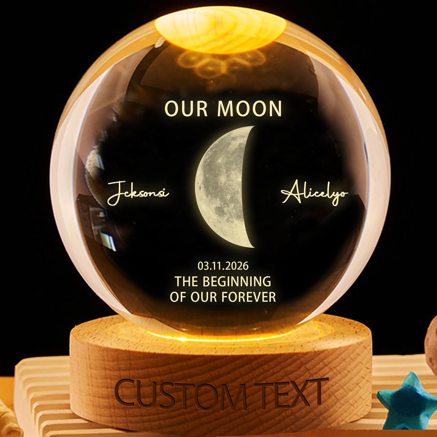 NOONATIVE Personalized Couple Moon Phase Crystal Globe Lamp,Custom Real Moon Phase Crystal Ball LED Night Light with Name Date,Anniversary Valentines Day Gifts for Her Him Couple