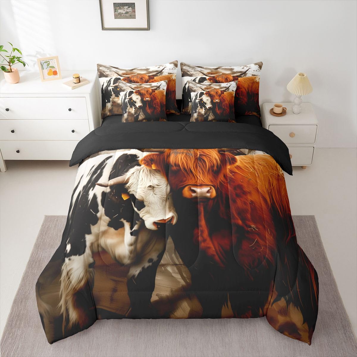 jejeloiu Highland Cow Comforter Set with Sheets 7 Piece Full Size Highland Cattle Bedding Set for Kids Boys Girls Cute Bed in a Bag Room Decor Soft Lightweight Microfiber