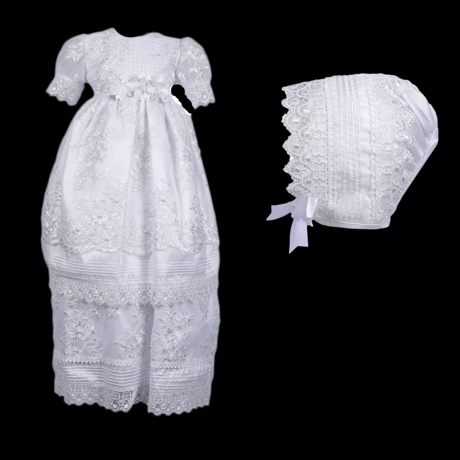 Baptism Dress White Lace Embroidered Christening Dress Baptism Gown Baby-Girls Infant Gown with Bonnet Set
