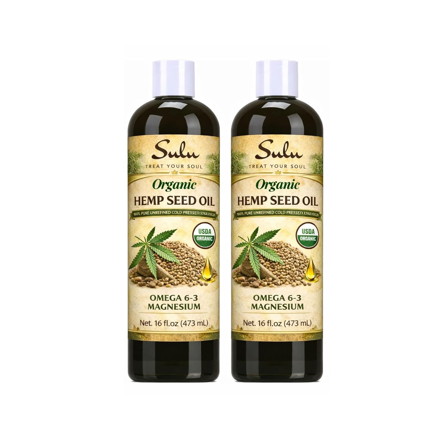 SULU ORGANICS 100% Pure Unrefined Certified Organic Hemp Seed Oil Cold Pressed 32 fl.oz(set of 2 bottles each 16 fl.oz)