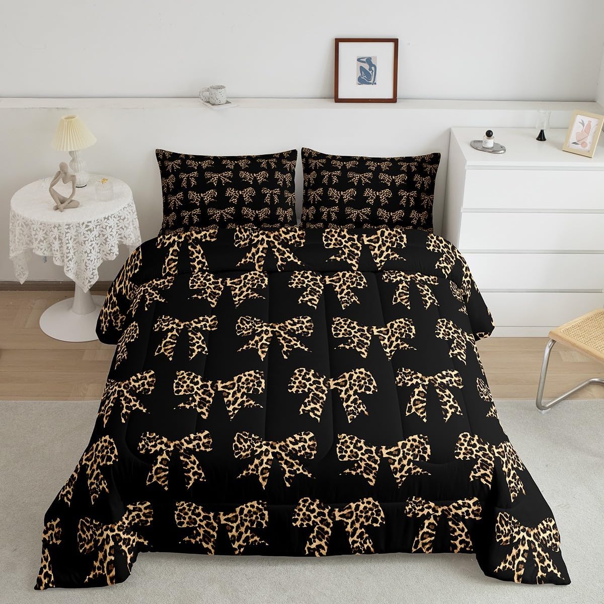 Erosebridal Cheetah Bow Comforter Set Twin,Coquette Bowknot Bedding for Kids Boys Girls Women,Brown Abstract Leopard Print Down Comforter