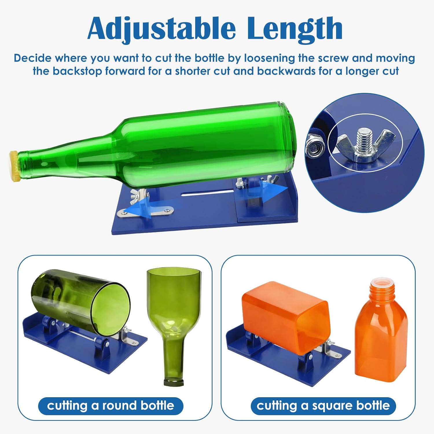Glass Bottle Cutter, 3 Wheel Glass Cutter with PC Non Slip Base, Adjustable Bracket Carbide Cut Head Wine Bottle Cutting Tool for DIY Project Crafts(Blue)