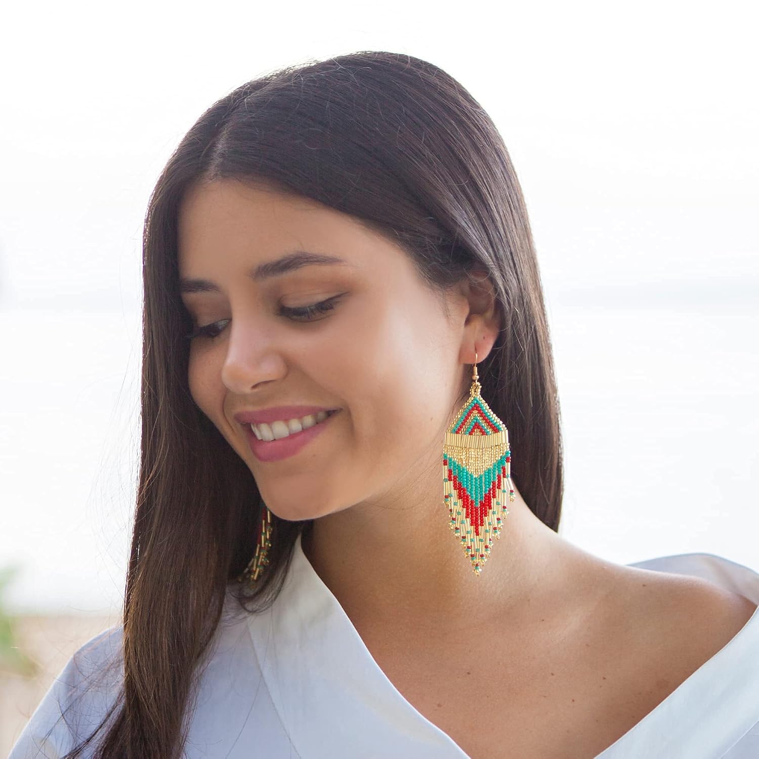 Handmade Artisan Dangle Fringe Earrings, Long Seed Bead Turquoise, Red & Sparkly Gold Statement Earrings for Women