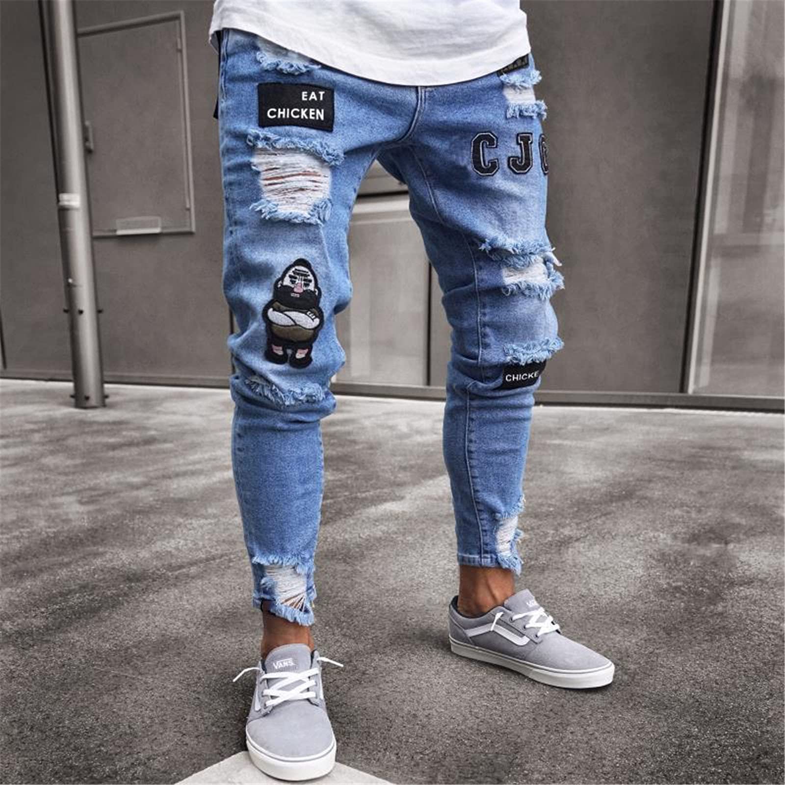 Männer Jeans Männer Stretchy Ripping Biker Stickerei Drucken Jeans Hole Slim Fit Denim Kratzt Hochwertige Denim Hosen
