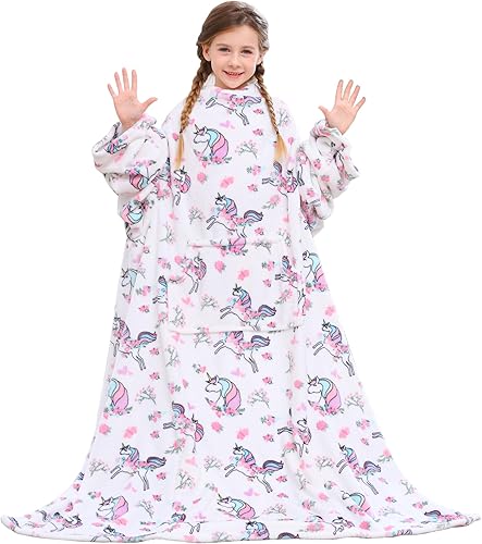 Viviland Manta de forro polar para niños con mangas y bolsillo para el pie para niños, manta ligera y suave para niñas, con velcro de 47 x 47