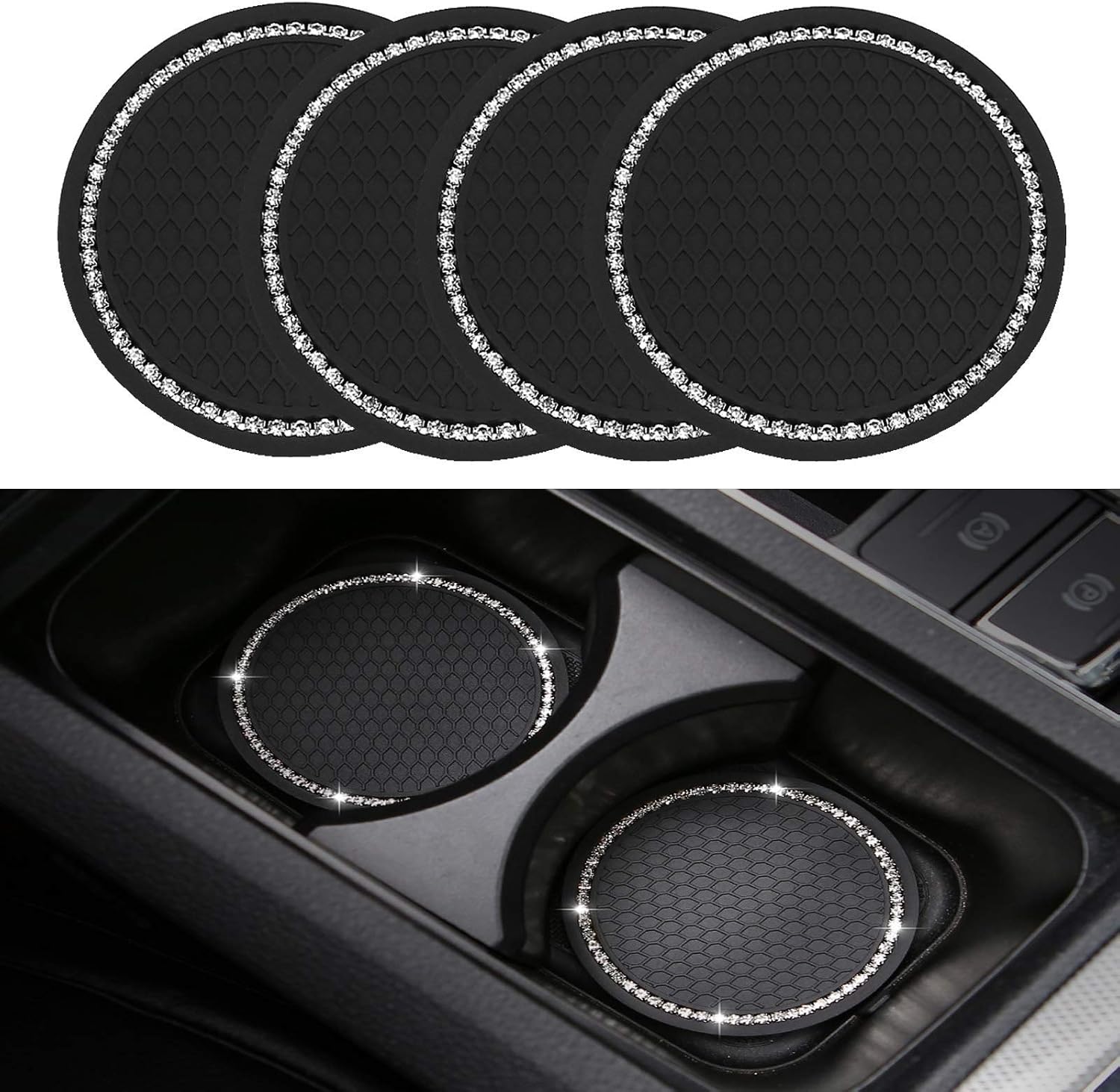 4 Pack Bling Car Coasters, 2.75 Inch Bling Crystal Rhinestone Soft Rubber Universal Anti-Slip Glitter Cup Mats Auto Cup Holder Insert Drink Coaster Car Interior Decoration for Women Girls Black