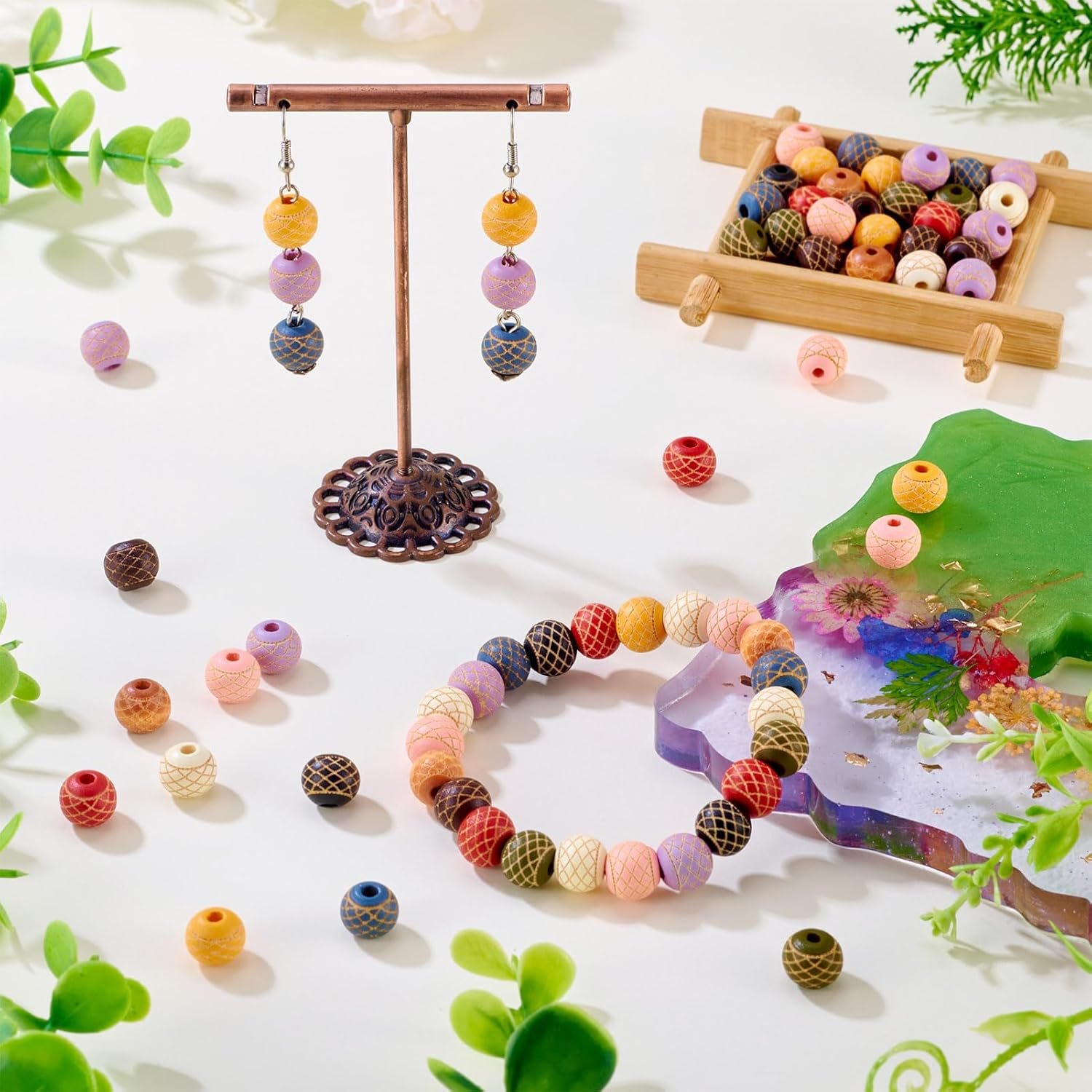 KISSITTY 60Pcs Colorful Natural Round Wood Bead Assorted Large Hole Wooden Craft Beads Bulk with Mesh Pattern Mixed Pattern Rondelle Loose Spacer Beads for Bracelets Necklaces Keychains Jewelry Making - Image 3