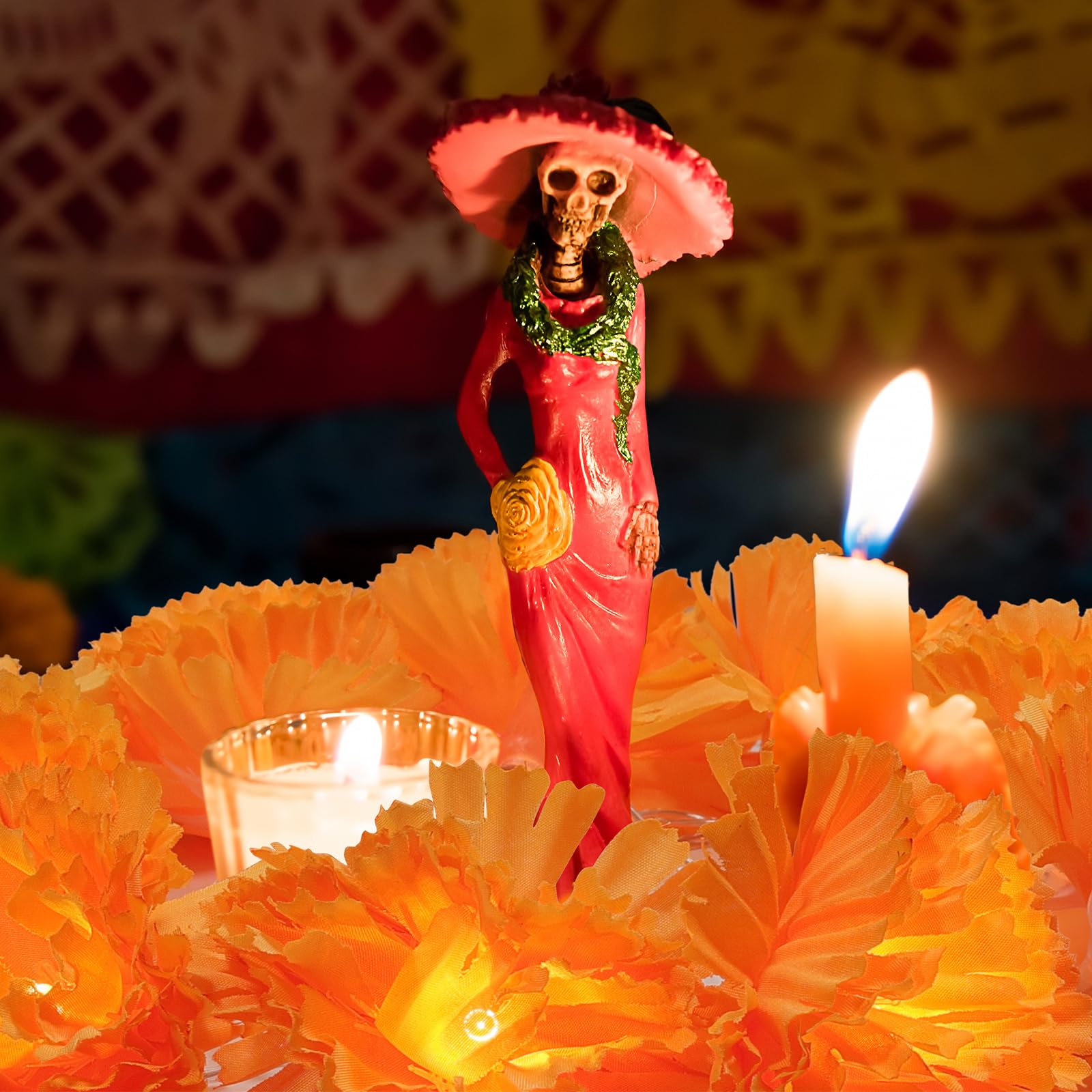 Girlanda nagietka na Dzień Zmarłych, 10 diod LED, sztuczne kwiaty nagietka, łańcuch świetlny Dia de Los Muertos, dekoracje na Halloween, Diwali, indyjskie przyjęcie, 6 sztuk (15 m, 10 LED)
