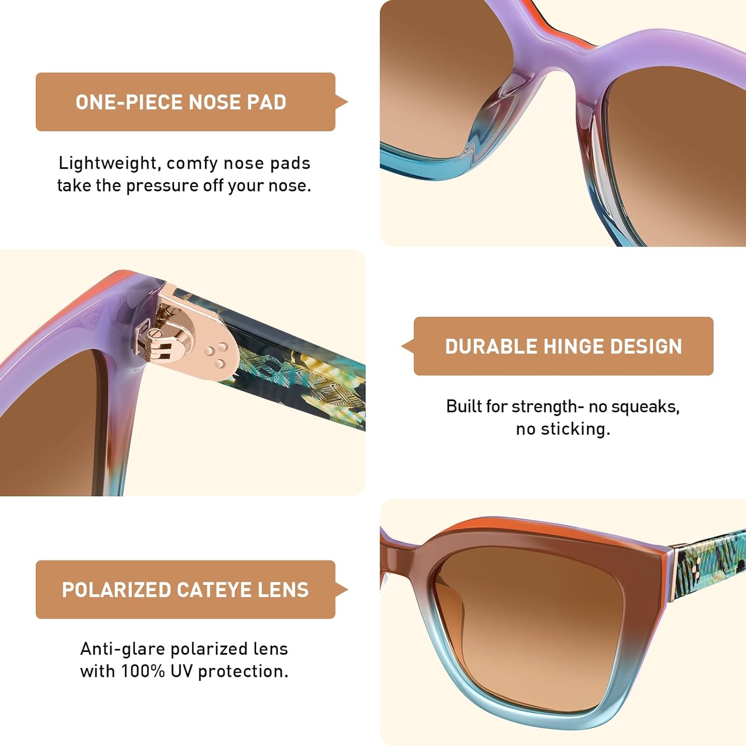 AVAWAY Womens Polarized Cat Eye Sunglasses UV400 with Case, Lightweight Trendy Acetate Frame, Comfort for Driving