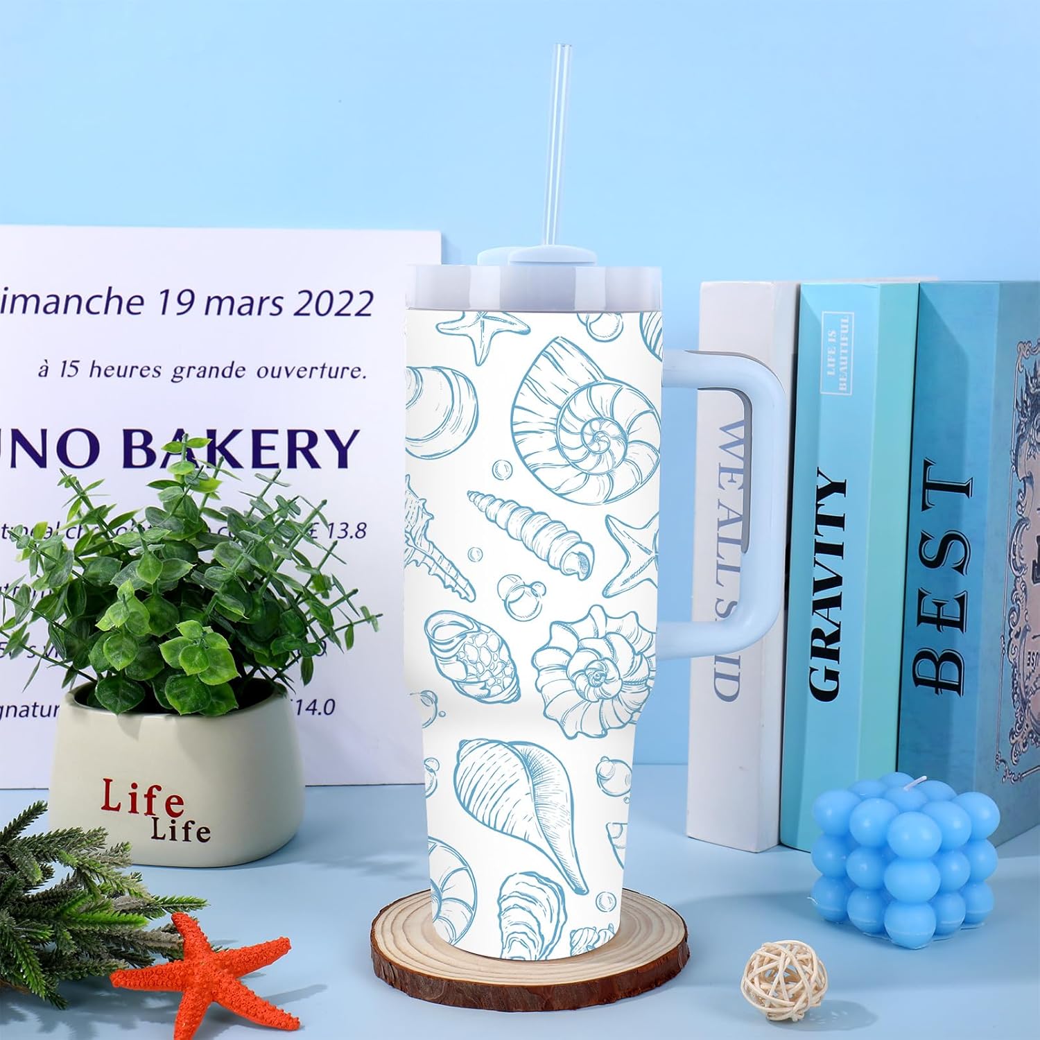 JarThenaAMCS 1 Pc Ocean Tumbler with Handle Lid Straw 40 Oz Seashell Starfish Stainless Steel Travel Tumbler Cup for Iced Coffee Party Favor - Image 5