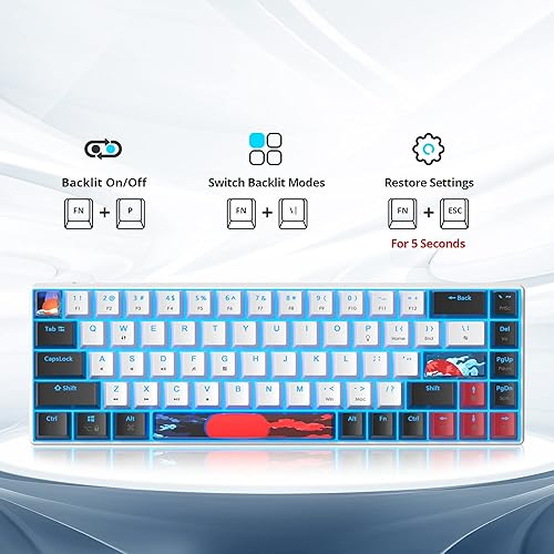Miniatura 4 de Teclado 60% para juegos de 68 teclas, teclado mecánico retroiluminado LED, teclado compacto con cable con interruptor rojo para Windows PS45 Xbox