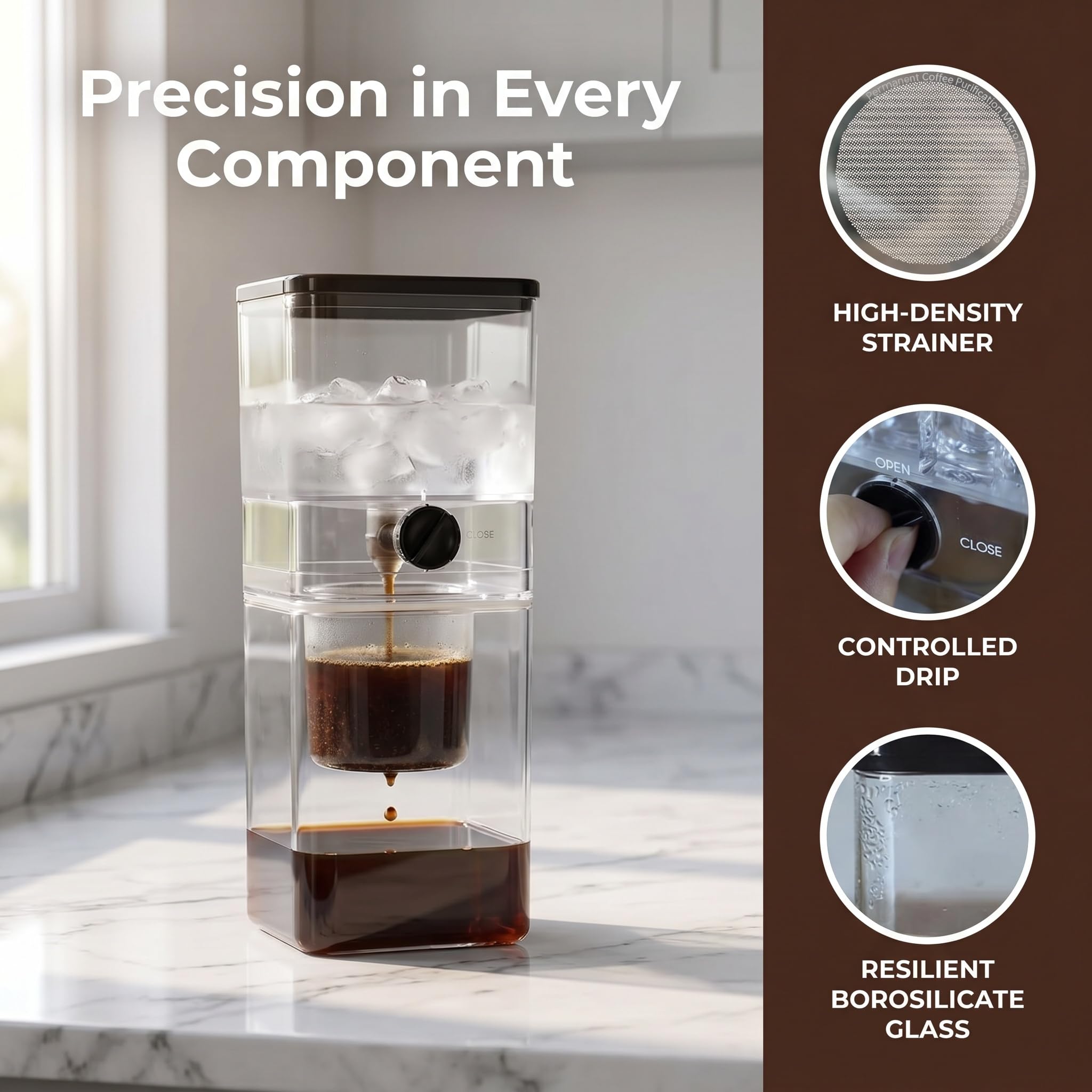 Cafetera De Goteo Cold Brew, 500 Ml, con Goteo De Velocidad Ajustable, Filtro De Acero Inoxidable, Prepara De 2 A 4 Tazas, Infusión Suave, Ideal para El Hogar Y La Oficina