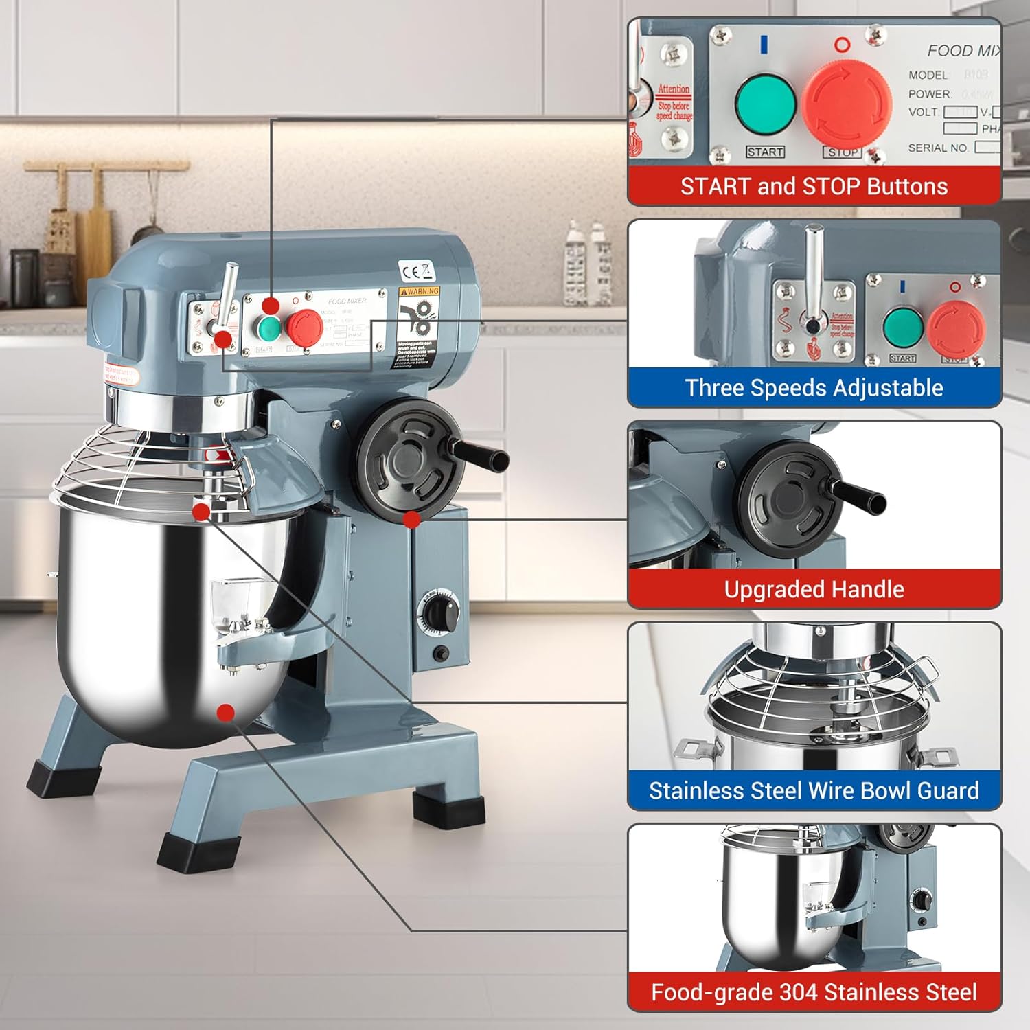 Heavy Duty Commercial Food Mixer, 15QT Stainless Steel Mixer with 3 Speed with 3 with 3 Attachments, Safe Emergency Stop Design Electric Mixer for Bakery Restaurant Home Kitchen
