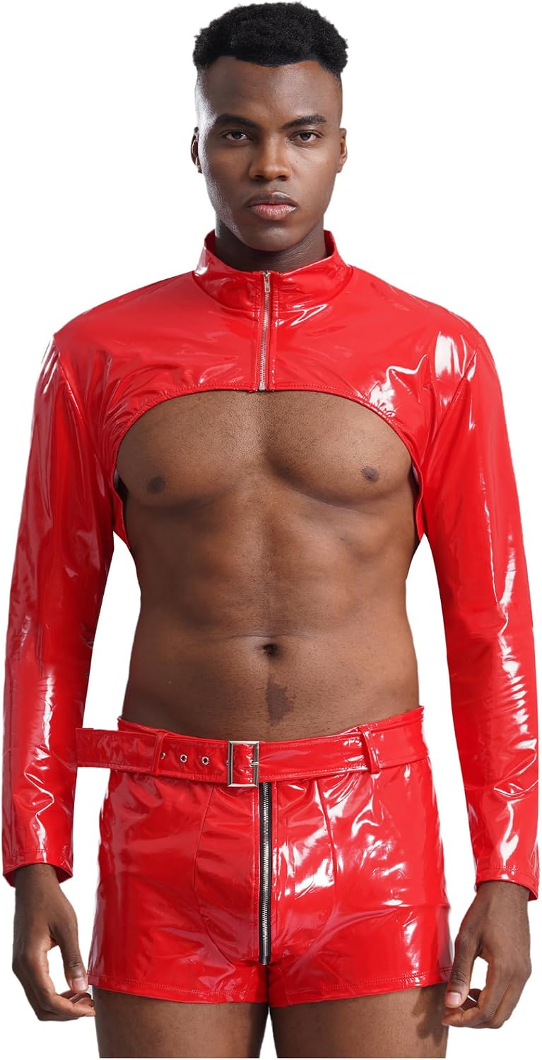 Jugaoge Mens PVC Leather Wet Look Half Shrug Muscle Top and Boxer Shorts Outfits Harness Clubwear