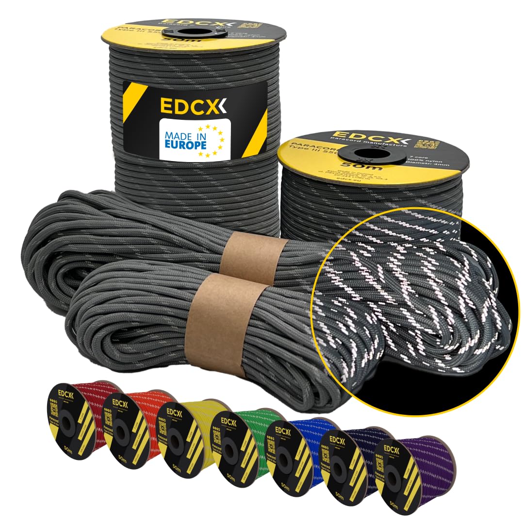 4mm Reflective Paracord 550 (15, 30, 50 m) - Odporny na rozdarcie linka spadochronowa do przetrwania Wykonany w 100% z nylonu, 4 mm typu III, z 7 drutami w wielu kolorach