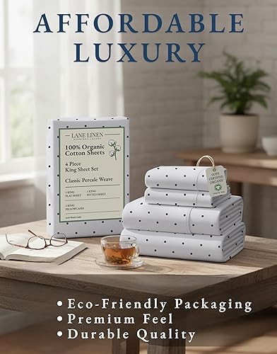 Miniatura 8 de LANE LINEN - Juego de sábanas de 4 piezas 100 % algodón orgánico percal puro King, ropa de cama suave transpirable para colchones de hasta 15