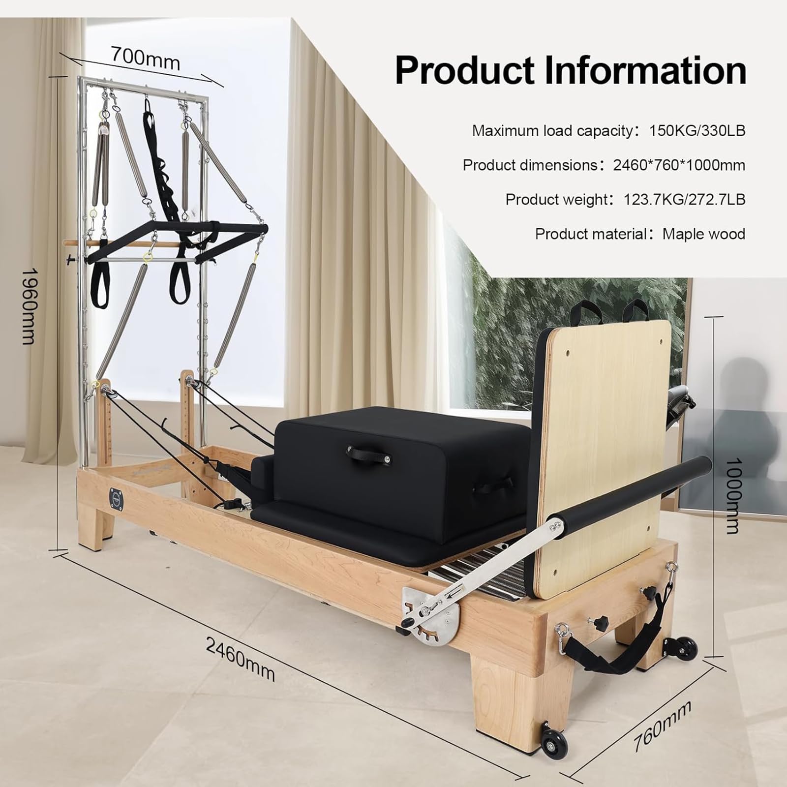 DJXIK 2-in-1 Pilates Reformer Machine, Pilates Equipment Trainer for Home and Studio, Ultrafine Leather, Adjustable Resistance System,Multi-Purpose Professional Fitness Equipment(Maple),A