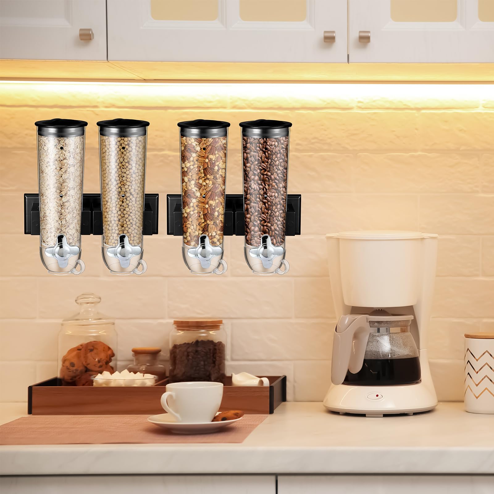 Huwena Set di 4 contenitori per cereali, 3 l ciascuno, dispenser da parete per cereali, per alimenti secchi, caramelle, farina d'avena, caffè, noci, colore nero