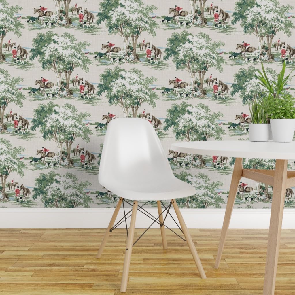 Removable Wallpaper Swatch - Equestrian Toile Fox Hunting English Traditional Hunt Pony Horse Master Green Beige Red Custom Pre-Pasted Wallpaper by Spoonflower