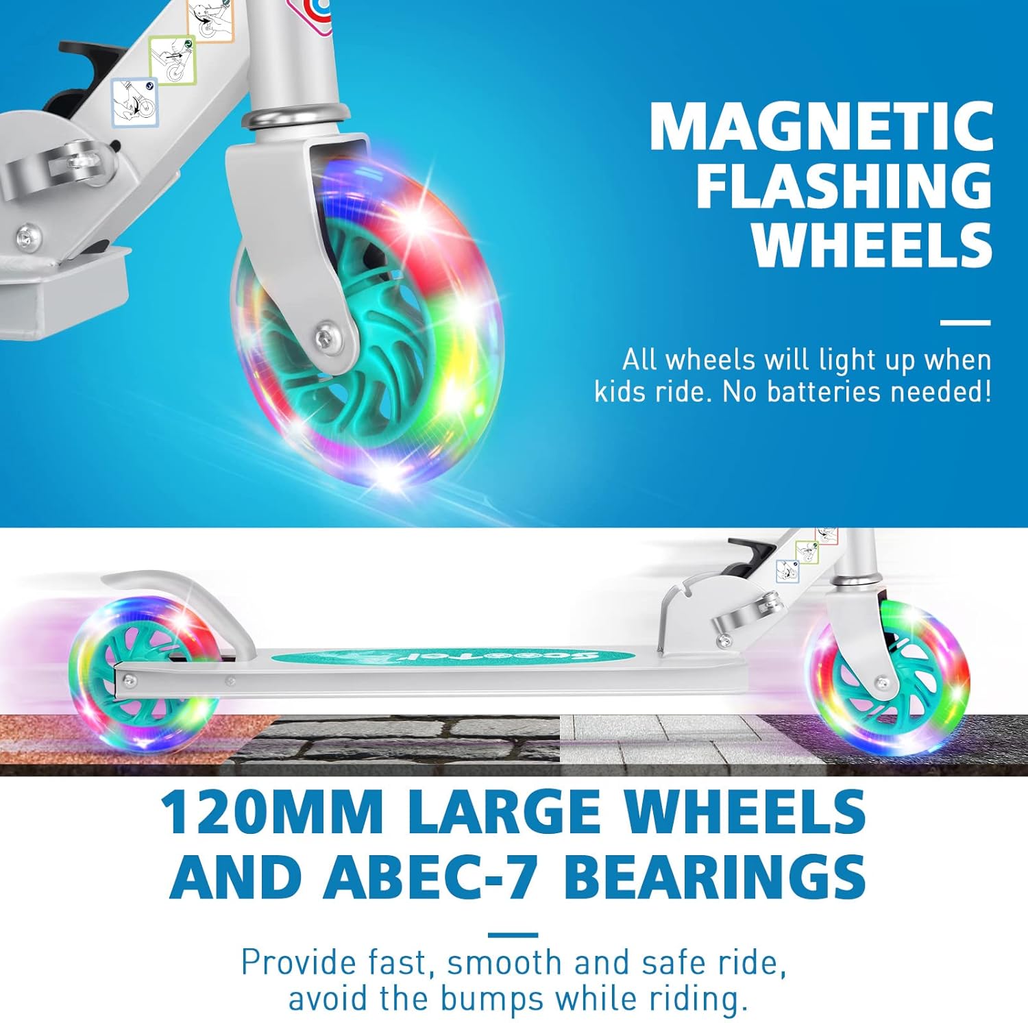 BELEEV V1 Scooters for Kids, 2 Wheel Folding Kick Scooter for Girls Boys, 3 Adjustable Height, Light Up Wheels, Lightweight Scooter with Sturdy Frame, Kickstand for Children 3 to 12 Years Old Aqua