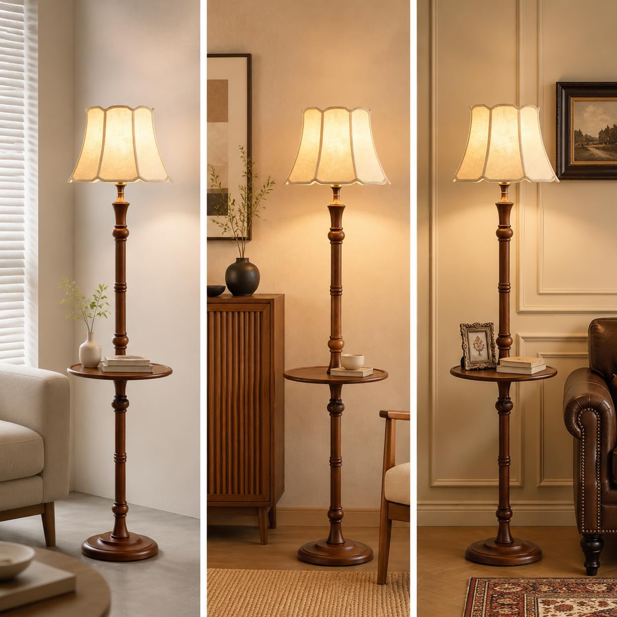 Lampada da Terra in Legno con Ripiani, Piantana Multifunzionale per Salotto e Soggiorno, Design Mid-
