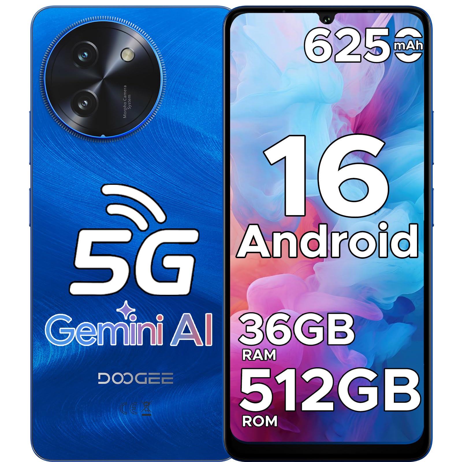 DOOGEE Note 59 Pro+ Smartphone 5G Android 16 Gemini AI, 512GB ROM+36(12+24) GB RAM Telefono Cellulare, 6250mAh 6.75" HD+120Hz Schermo Telefoni 50MP+8MP, Cellulari Face Unlock/Fingerprint/NFC, Blu