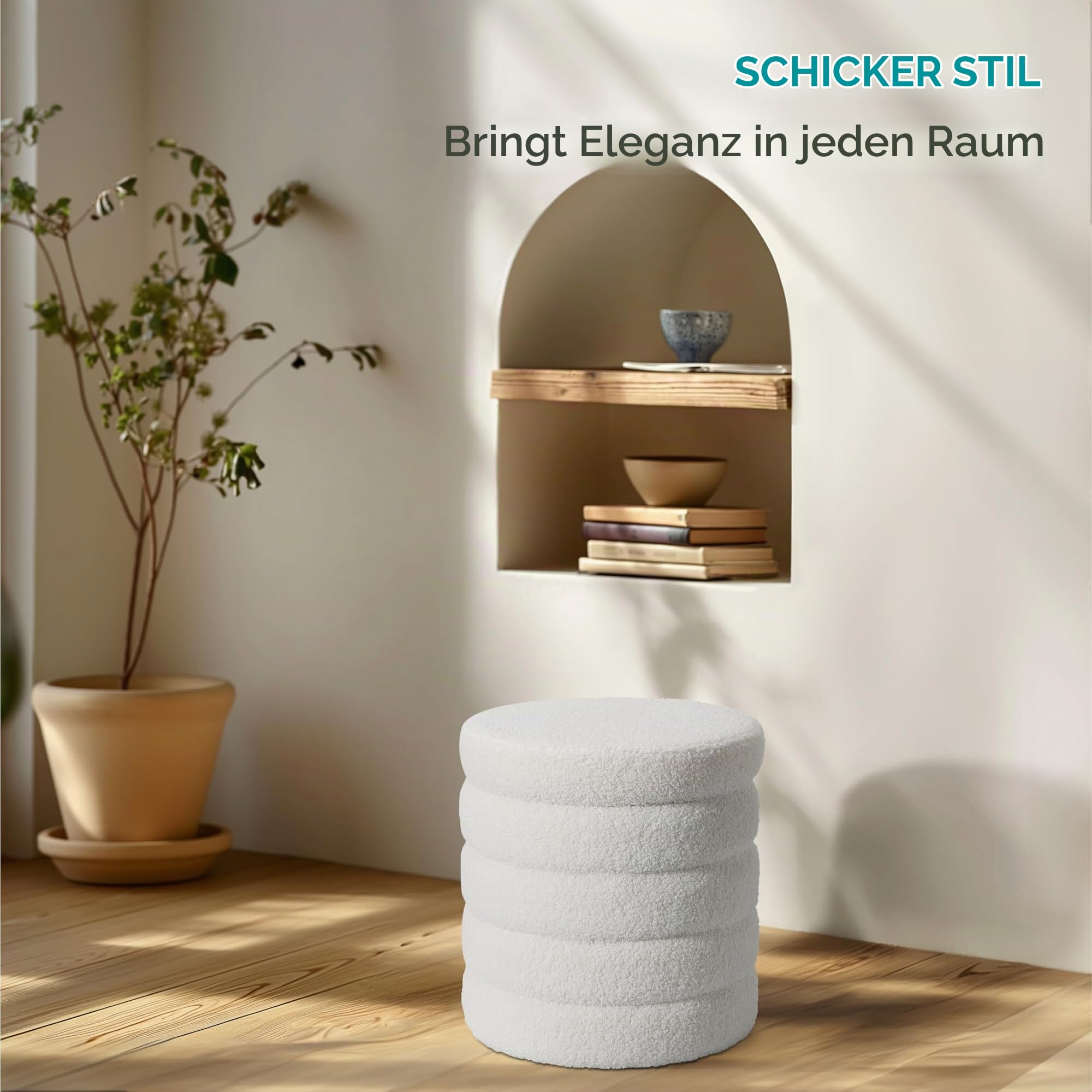 Navaris Pouf Hocker Stauraum - Sitzhocker weiß rund - Schminktisch Sitzhocker mit Stauraum - Ottoman Schminktisch Hocker - Schminkhocker