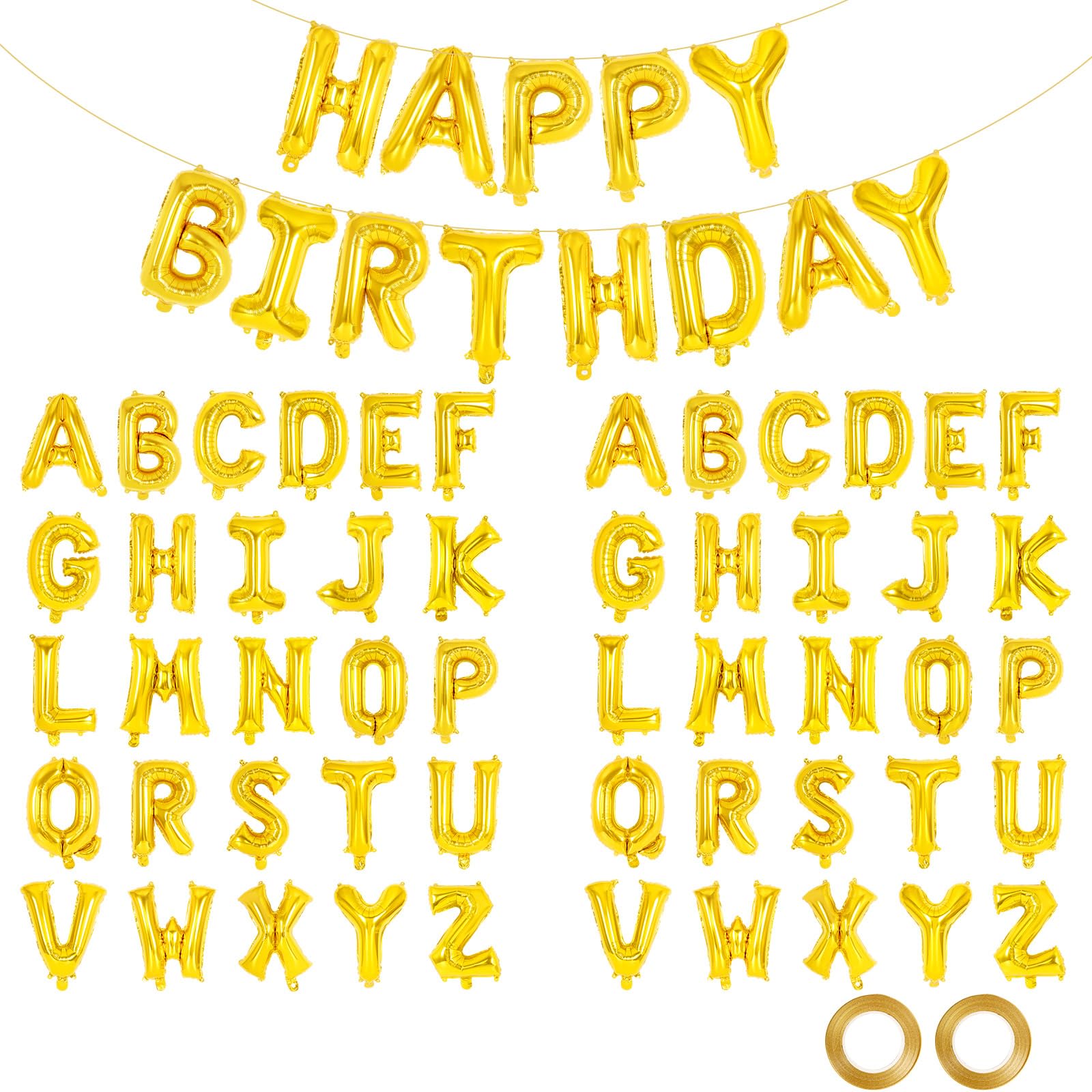 65 Pcs Gold Happy Birthday Balloons, 2 Sets A-Z Gold Letters Foil Balloons, 16 Inch Personalized Name Happy Birthday Banners for Wedding Baby Shower Anniversary Party Decorations