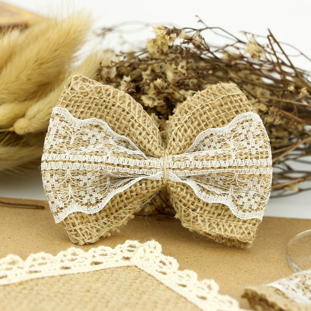 Nœuds décoratifs en toile de jute et dentelle Blanc 50pcs pour mariage Noël