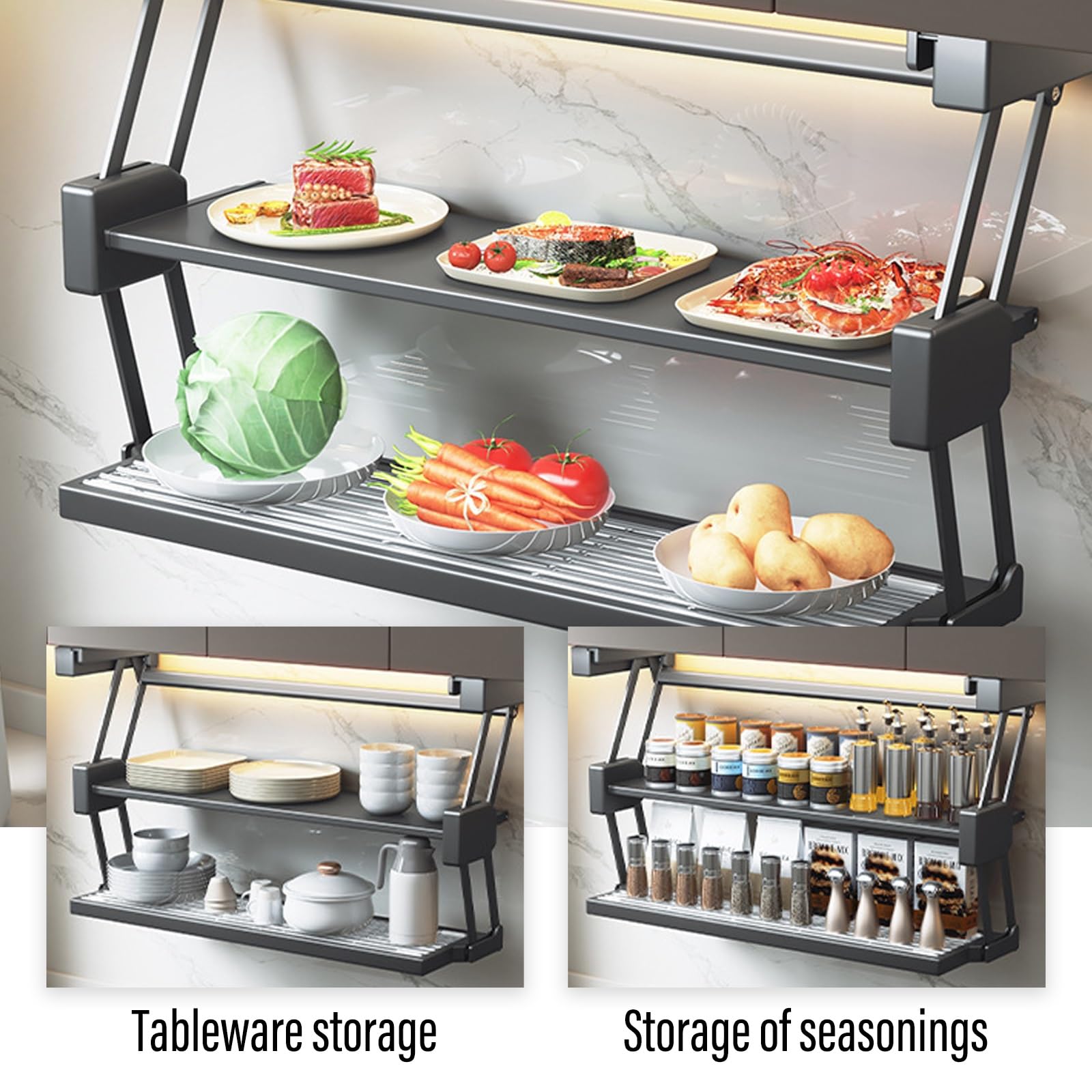 Scaffale estraibile in acciaio al carbonio, 2 ripiani, capacità di carico 10 kg, organizer da cucina pieghevole, per spezie, preparazione e conservazione degli alimenti (bianco, 60 cm / 23in)