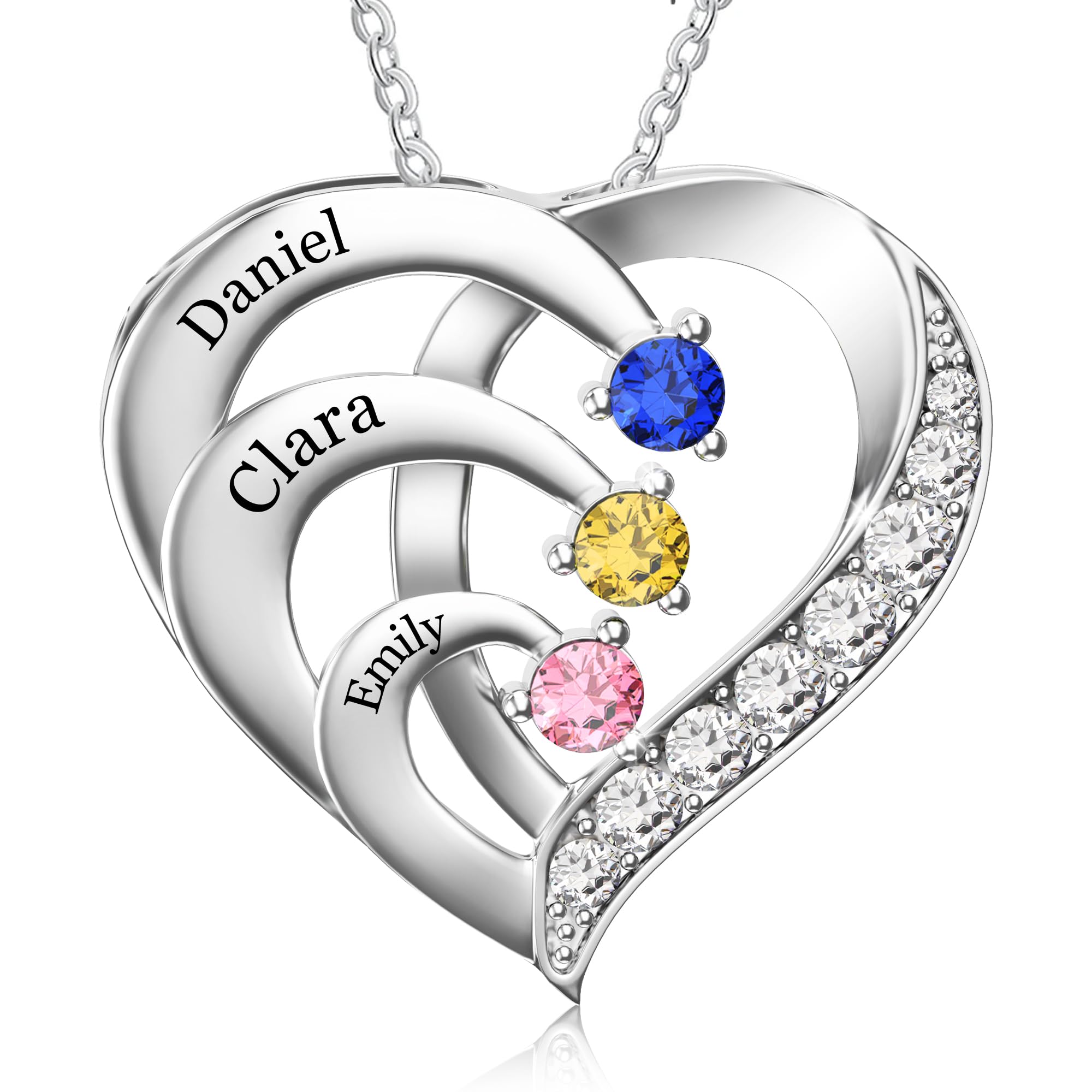 Easycosy Collier Personnalisé Prénom avec Pierres de Naissance Collier gravé 1-4 Nom Collier Pendentif Cœur Bijoux Personnalisé Cadeau Femme Fille Maman Mamie Copine pour Anniversaire Noël St-Valentin