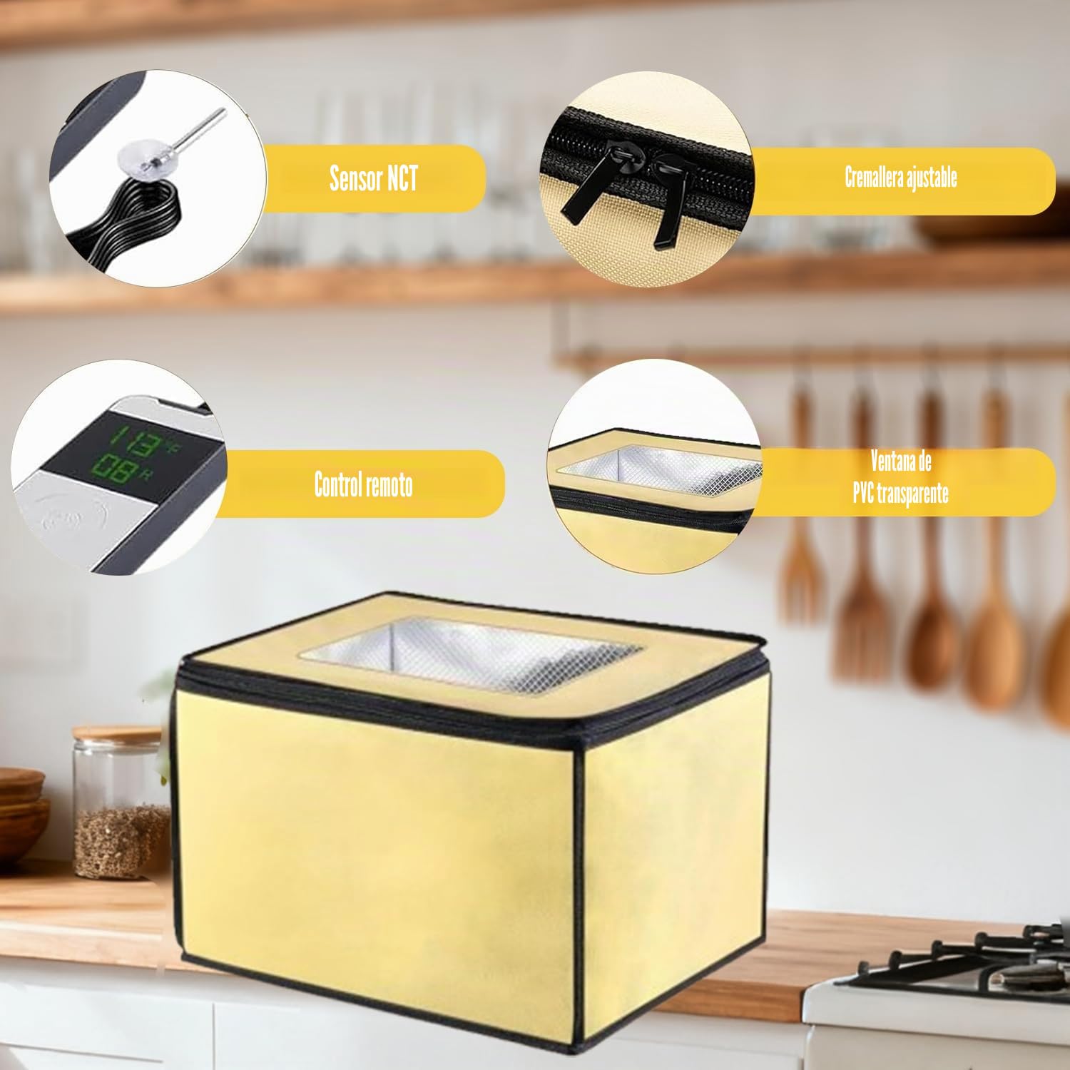 Caja de Fermentación para Masa, Versátil Plegable Fermentadora de Masa con Calefacción, Sensor de Temperatura NTC, Pantalla Digital, Temporizador de 0 a 12 Horas, para Levadura, Pan, Pizza, Yogur
