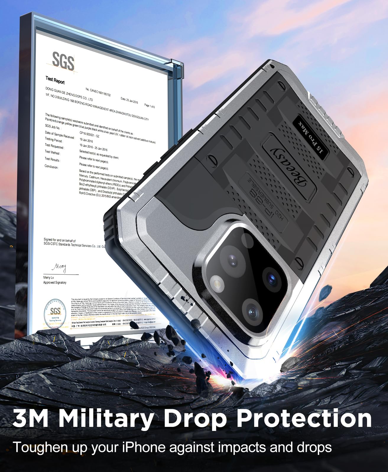 Beeasy Cover per iPhone 15 Pro Max IP68 Impermeabile Custodia Militare Antiurto Resistente 360° Metallo Armor Protezione Schermo Integrata Rugged Robusta Indistruttibile Subacquea Antipolvere Argento