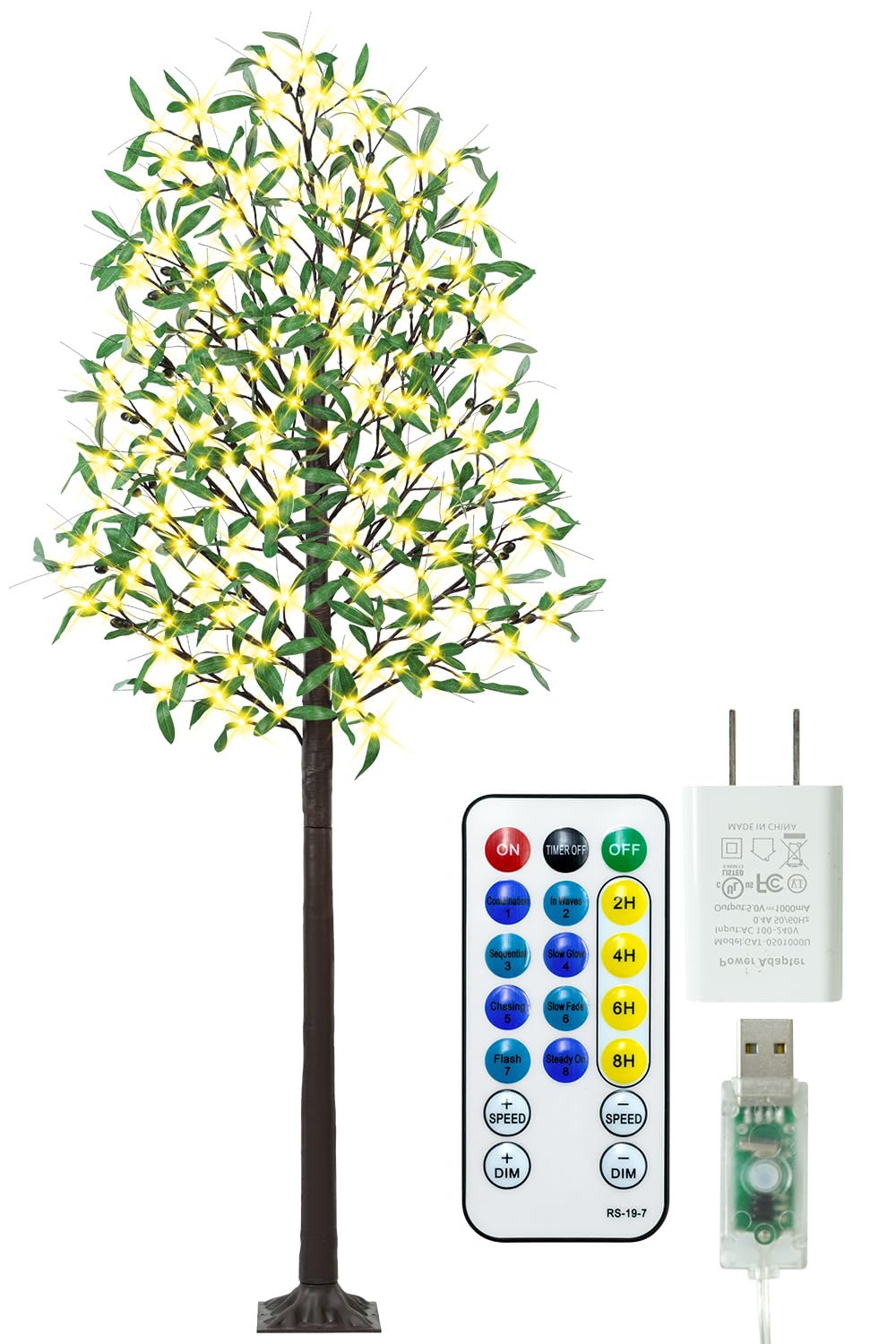 7FT 170 LED Lighted Olive Tree - Olive Trees Artificial Indoor with 17 Branches, 34 Fruits 340 Leaves, Remote 8 Flashing Modes, Timing, DC 5V Safe, Faux Olive Tree for Outdoor Party Home Decorations