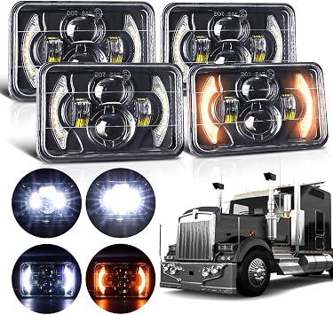 LEDUR 4x6 LED Headlights DOT Approved 4pcs With Turn Signal DRL Hi/Low Sealed Beam Rectangle H6545 Led Headlight with H4651 H4652 H4656 H4666 H6545 for Kenworth T800 W900 T600 Freightline