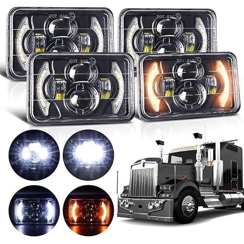 LEDUR 4x6 LED Headlights DOT Approved 4pcs With Turn Signal DRL Hi/Low Sealed Beam Rectangle H6545 Led Head Light with H4651 H4652 H4656 H4666 H6545 for Kenworth T800 W900 T600 Freightline