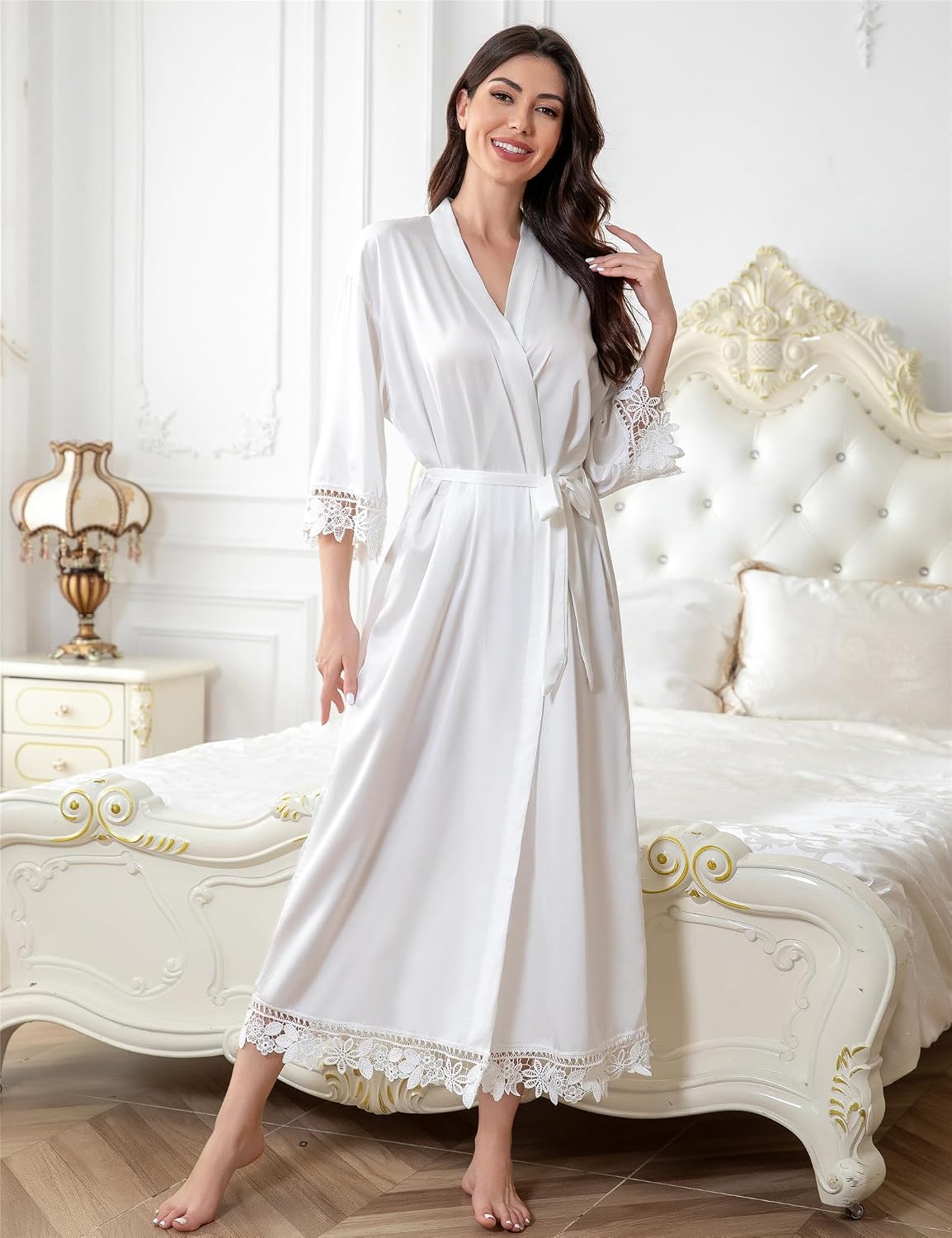 Women's Lace Trim Long Satin Kimono Bridal Robes for Bride and Bridesmaid - Wedding Gifts