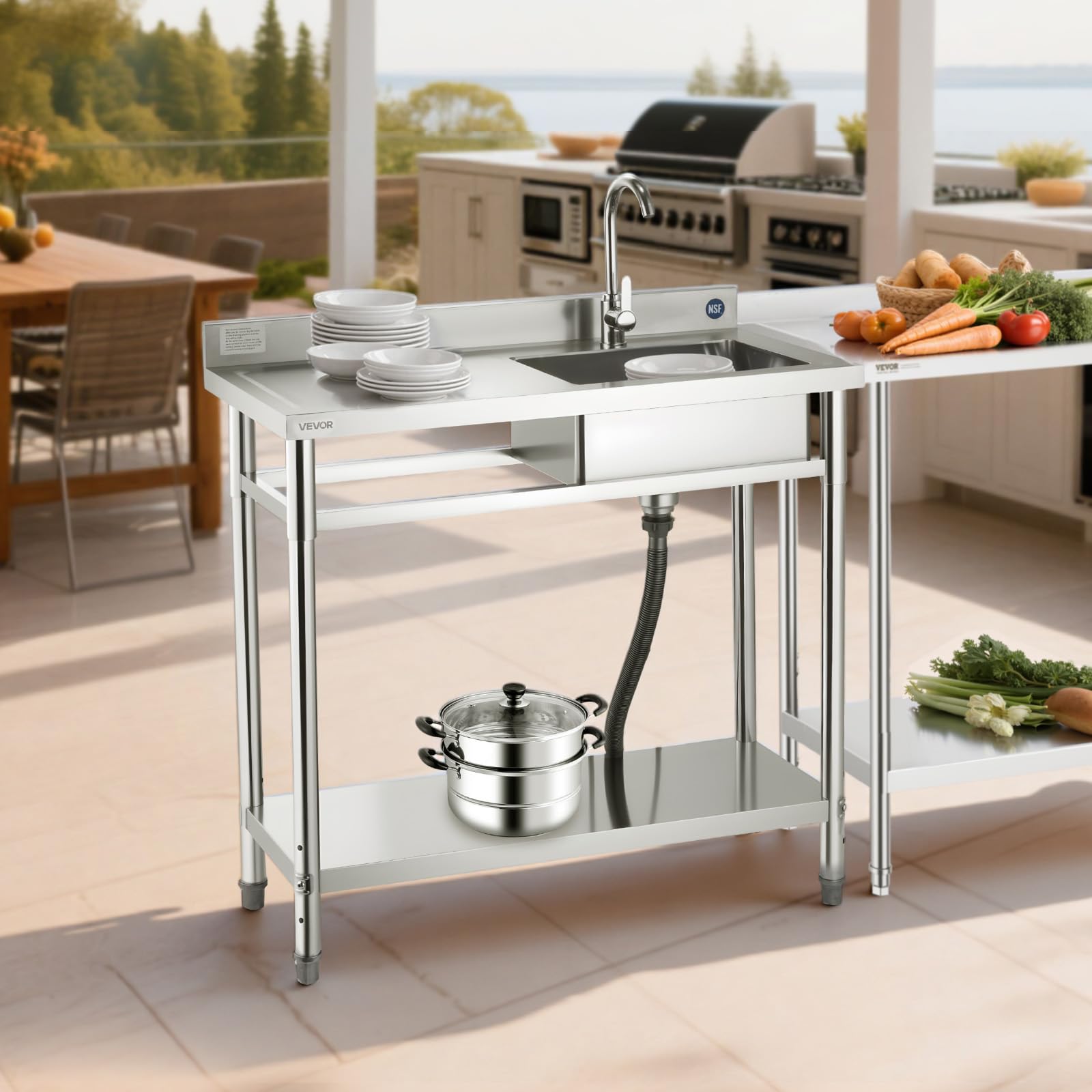 VEVOR Lavello in Acciaio Inox 100 x 50 x 94 cm, Vasca Singola con Rubinetto e Ripiano, Lavello da Cucina per Garage, Ristorante, Lavanderia, Lavabo da Esterno con Piano di Lavoro Sinistra