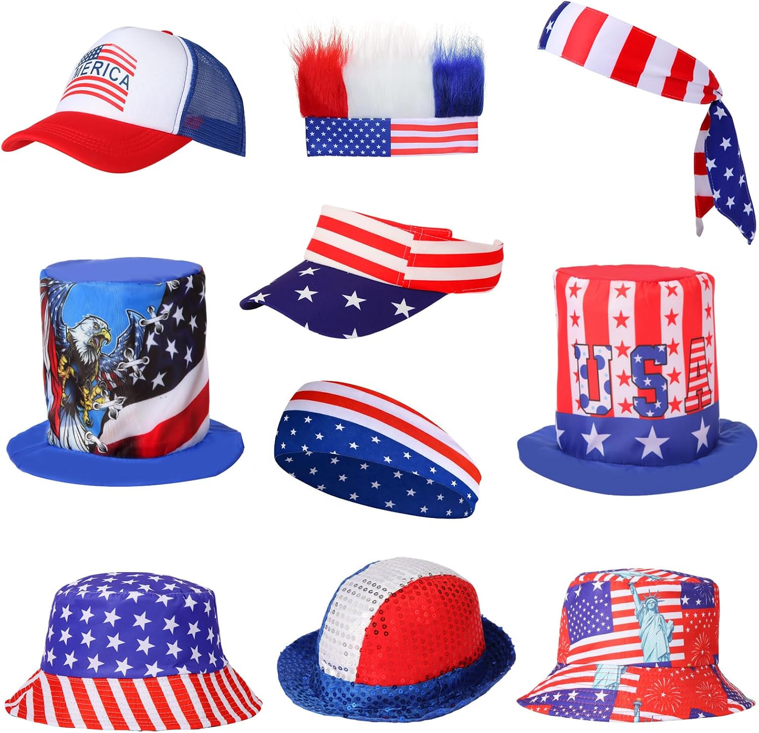10 Pack American Flag Hats for Adults, 4th of July Party Hats, USA Patriotic Uncle Sam Hat, Red White Blue Photo Booth Props, Independence Day Parade & Party Supplies