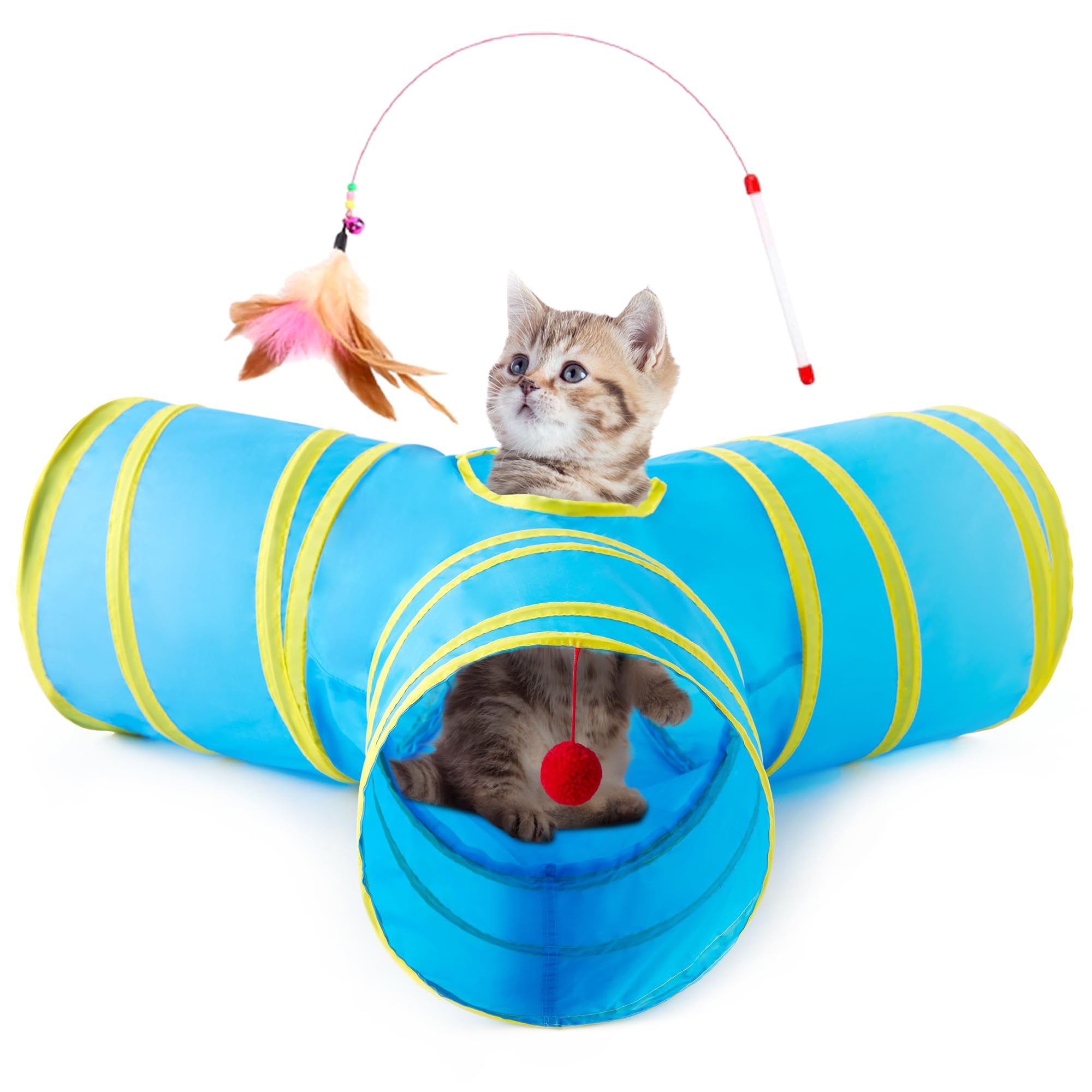 Tempcore Cat Tunnel, 3-Way Collapsible Toy for Indoor Cats, Blue &amp; Yellow