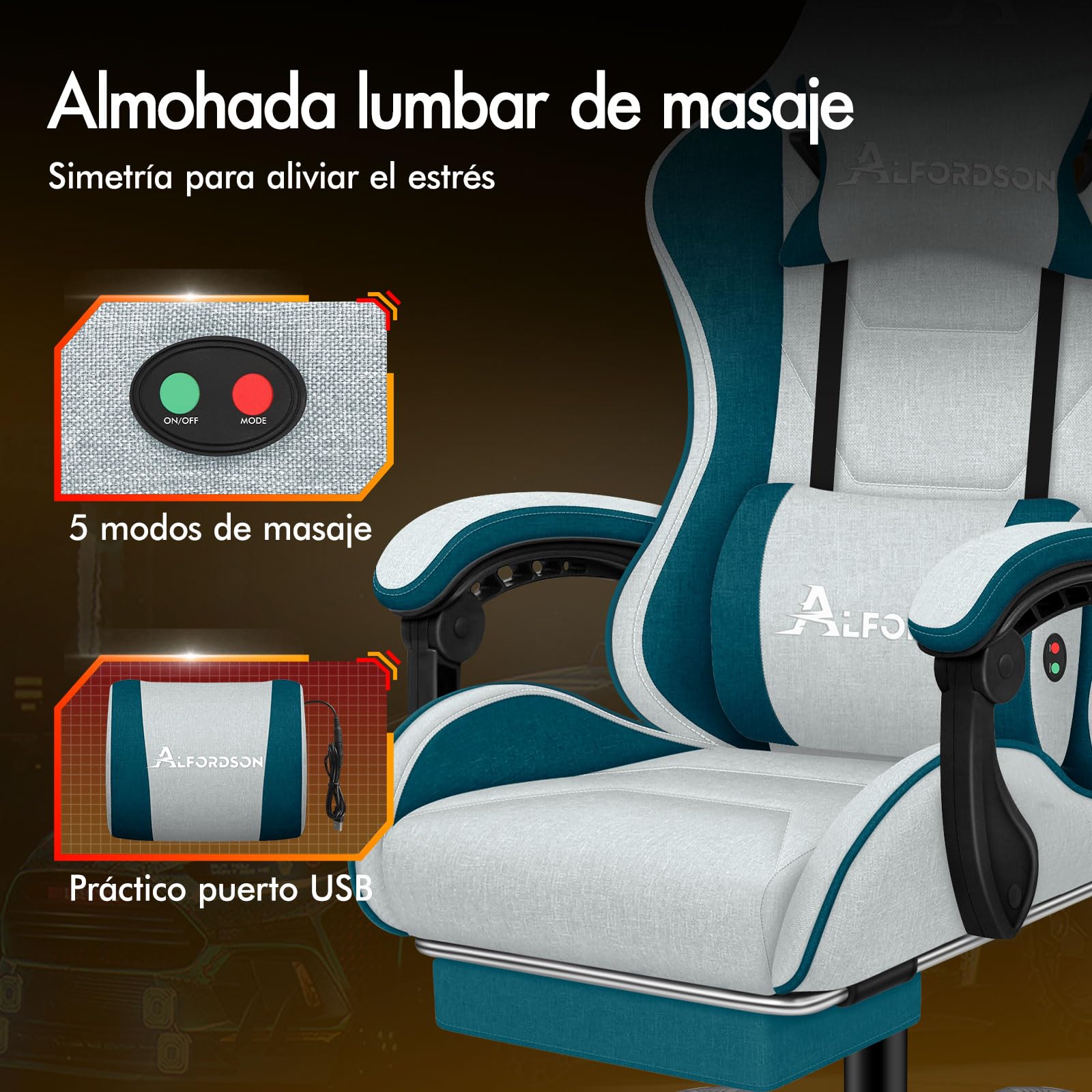 ALFORDSON Silla Gaming Ergonómica con Masaje, Silla Gamer de Oficina con Lumbar Massaggiante, Reposapiés Retráctil,Altura Ajustable,Reclinable 150°,Asiento Cómodo,Soporta 180 kg, Lino(Verde Petrolio)