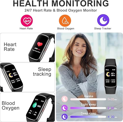 Miniatura 2 de Rastreador de ejercicios con monitor de sueño con frecuencia cardíaca 247, presión arterial y oxígeno en sangre, monitor de sueño, pantalla táctil