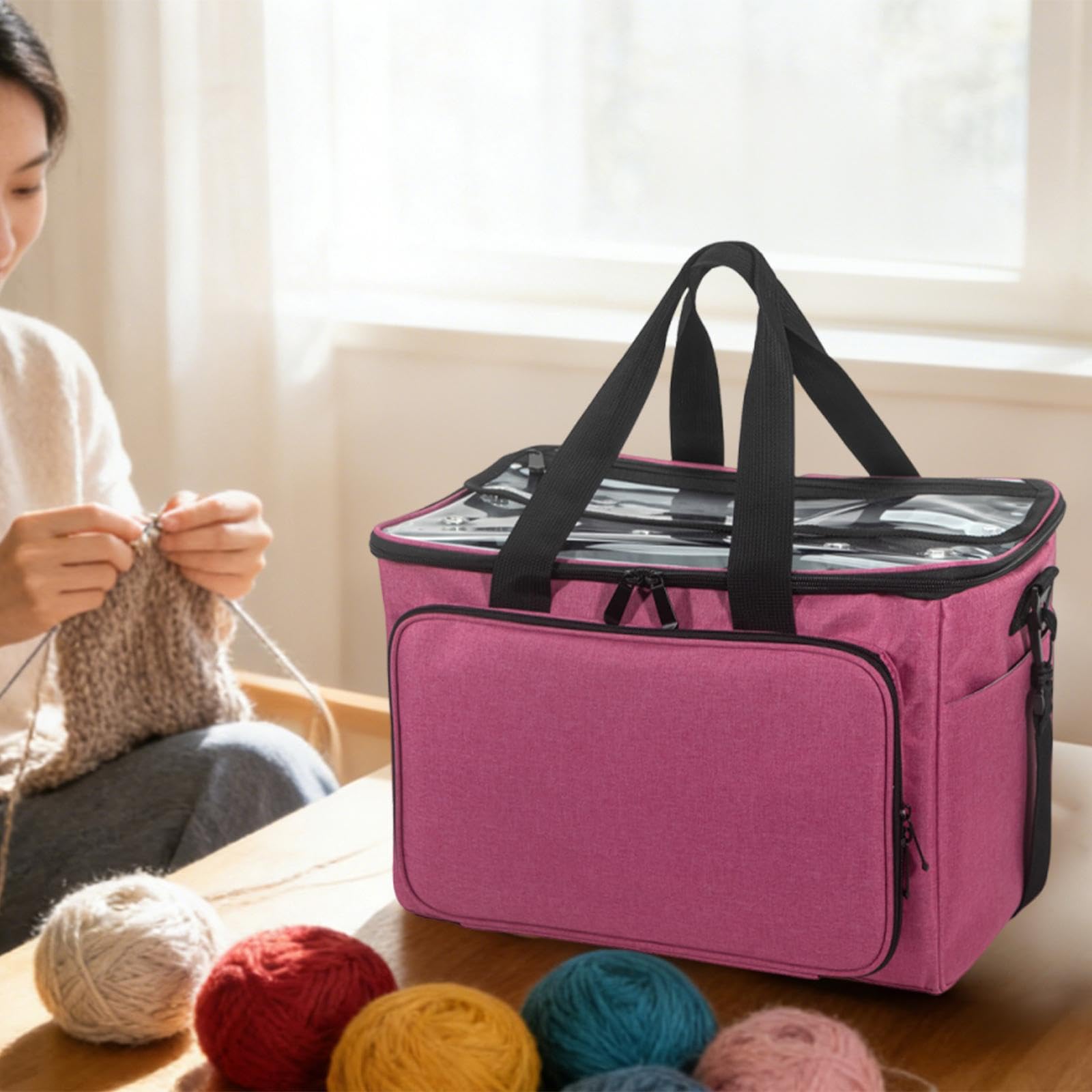 perfk Bolsa de Tejer, Bolsa de Crochet, Estuche para Hilo, Kit de Bordado, Aguja de Tejer, Accesorios para Manualidades, Crochet para Principiantes, Rosa Roja